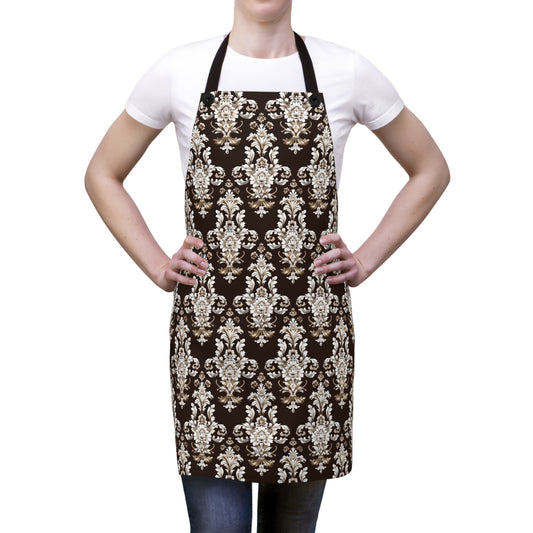 Elegant Rococo Pattern of Intricate Brown and White Floral Scroll Design Kitchen Chef Apron