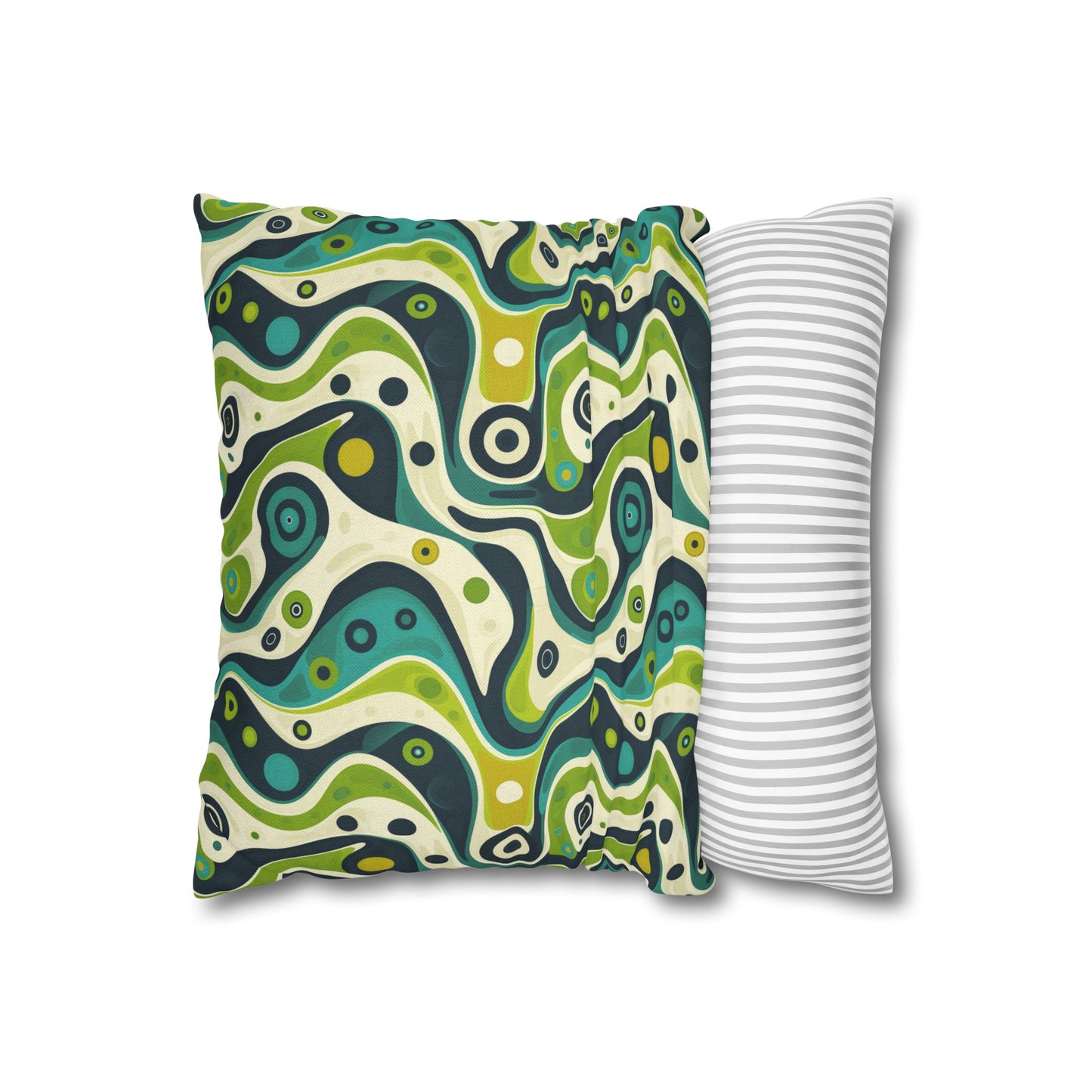 Groovy Retro Greens and Blues Abstract Waves Spun Polyester Square Pillowcase 4 Sizes