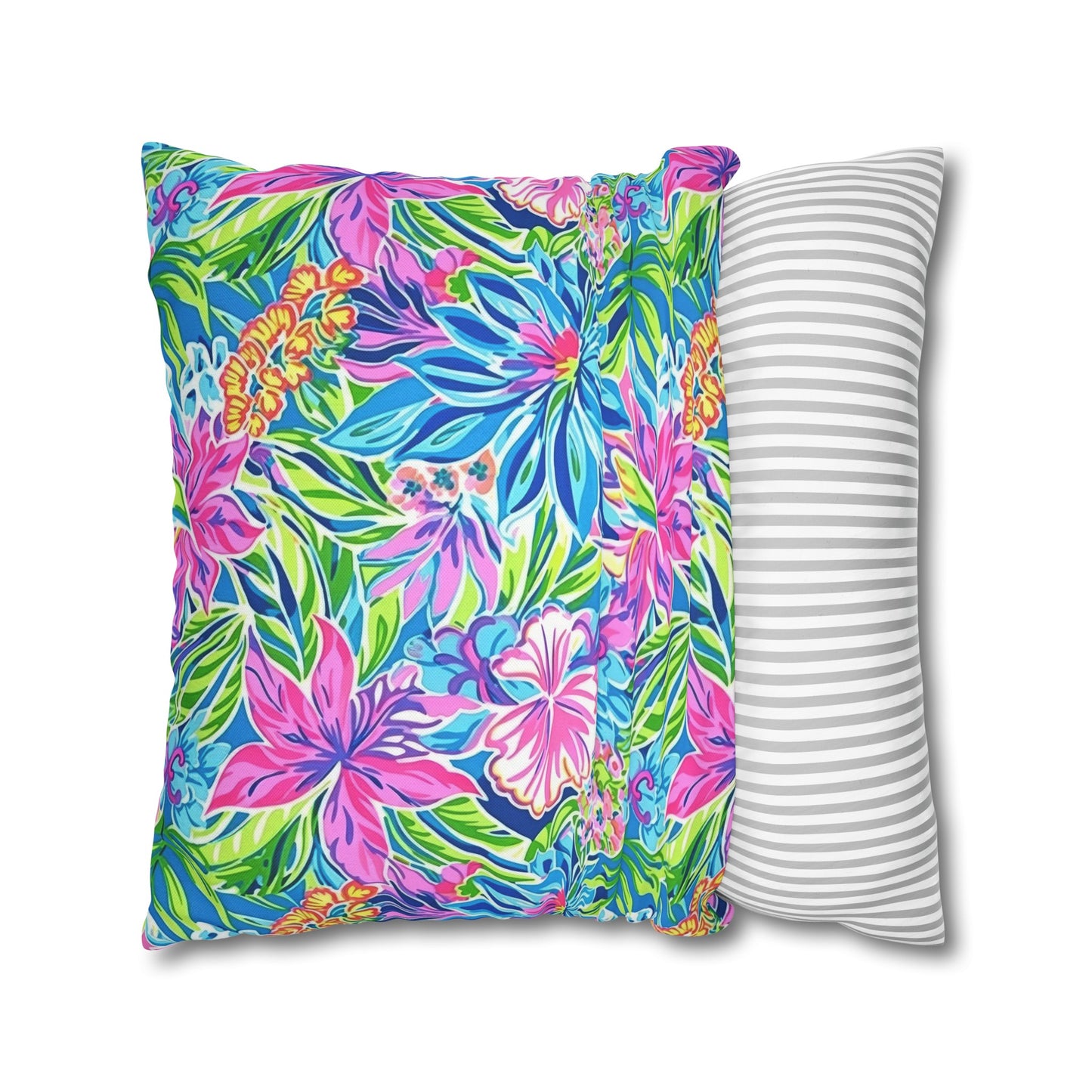 Summer Harmony: Pink and Blue Blooms with Lush Green Leaves Spun Polyester Square Pillowcase 4 Sizes