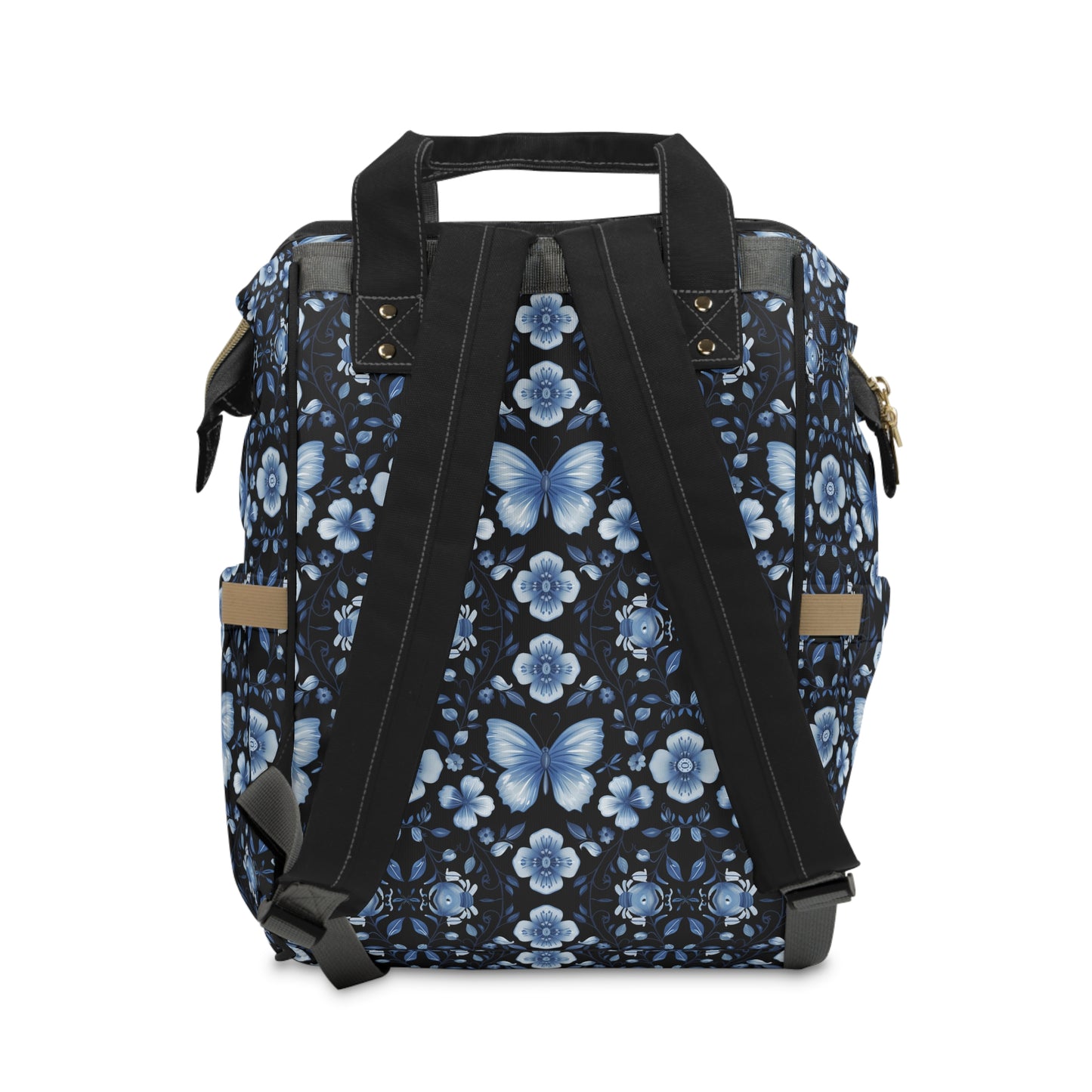 Enchanted Blue Butterflies and Blooms on Black Multifunctional Diaper Backpack