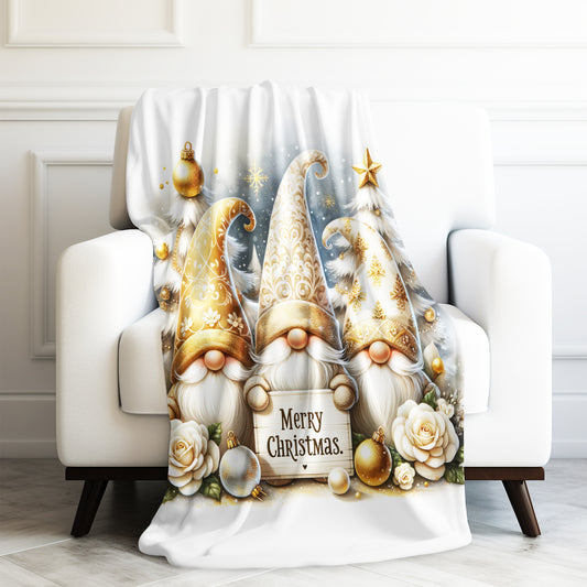 Gnomes Golden Merry Christmas Velveteen Plush Blanket 3 Sizes