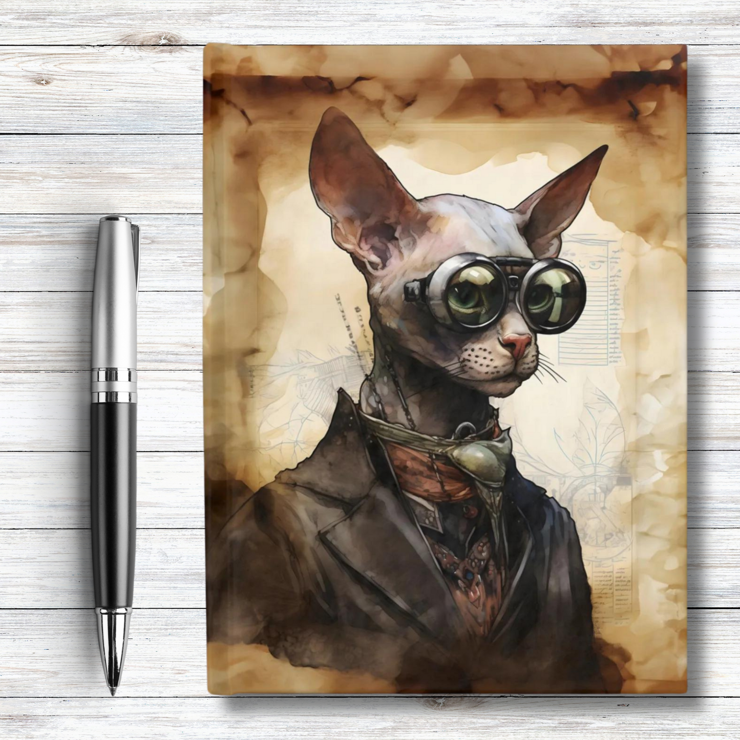 Steampunk Vintage Dressed Hairless Cat with Goggles - Hardcover Ruled Line Journal 5" x 7"