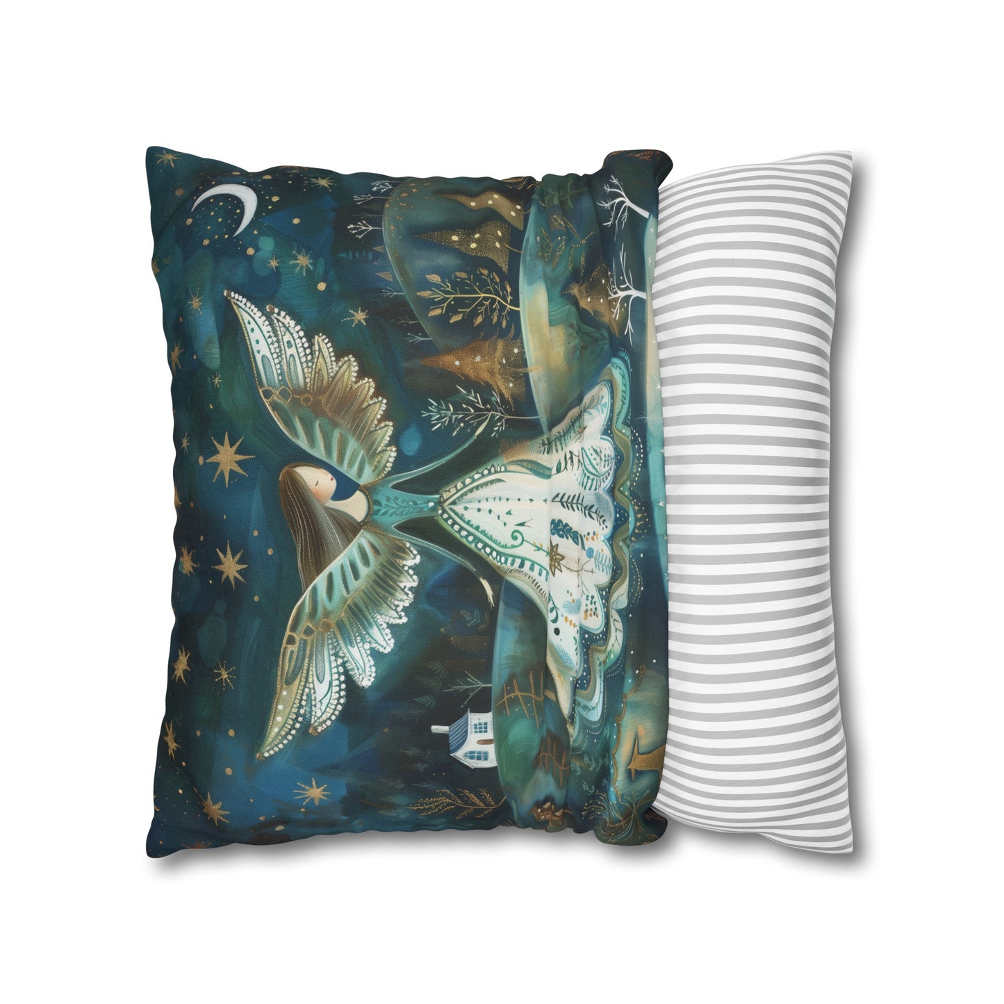 Starry Serenade: Angel in Flowing Dress Amidst a Starry Night Spun Polyester Square Pillowcase 4 Sizes