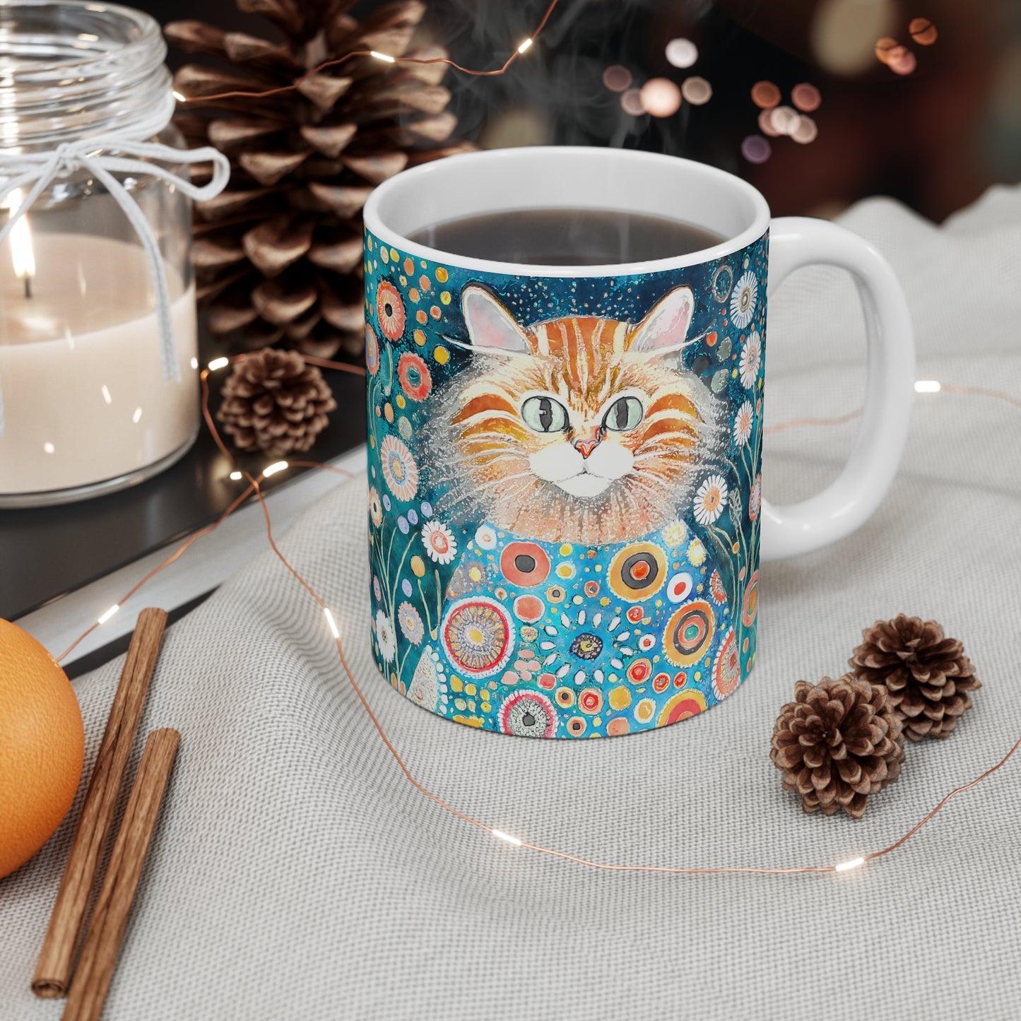 Whimsical Retro Flowers and Yellow Cat in Style of Klimt  - 11 oz Coffee