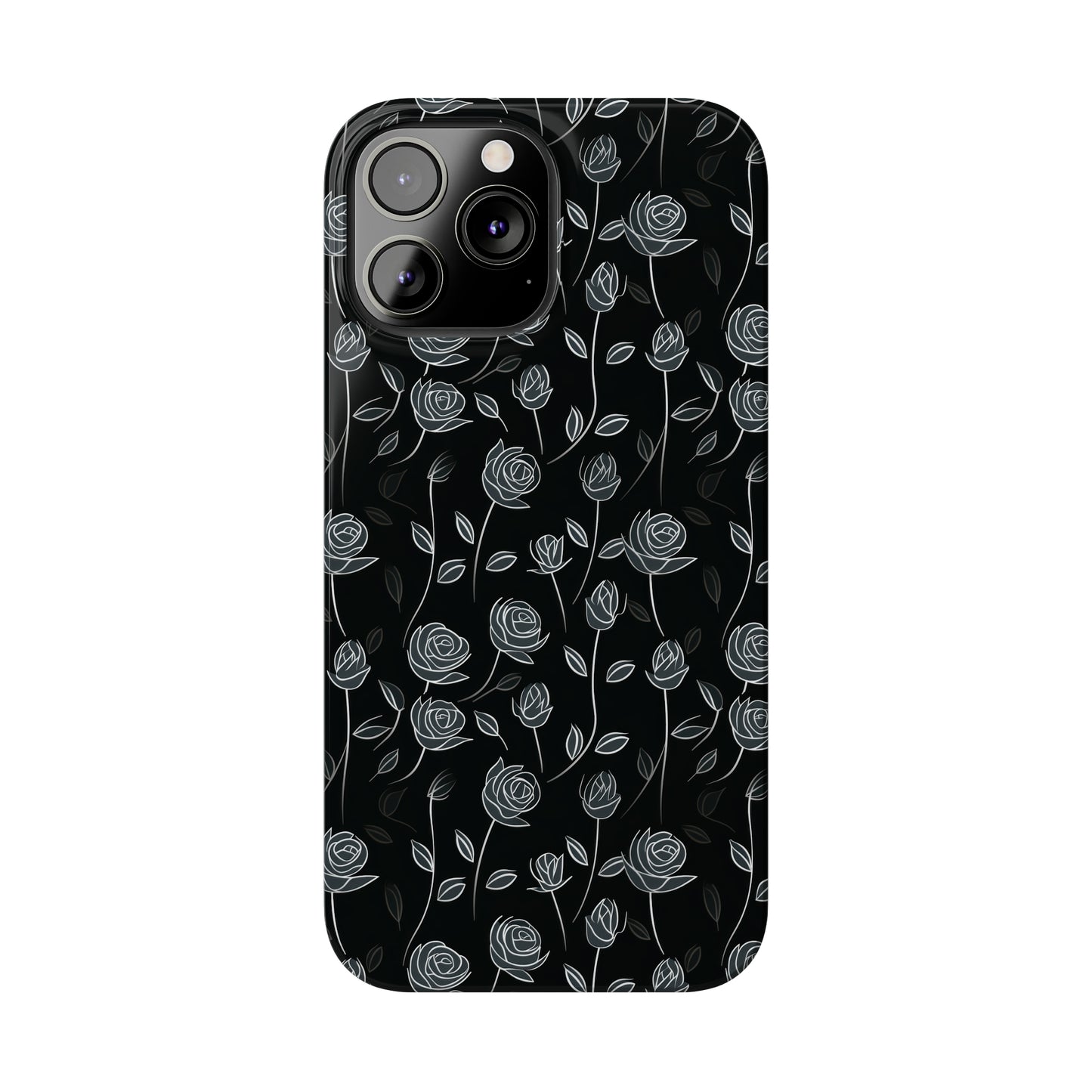 Contrasting Elegance: White Outlined Roses on a Black Background Iphone 15-12 Slim Phone Case