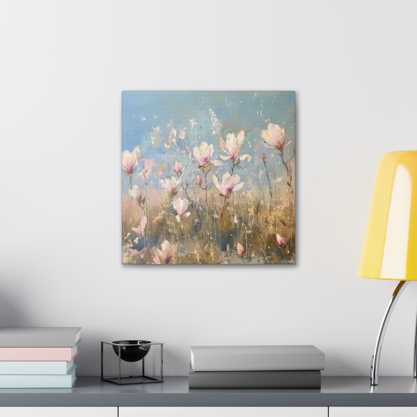 Gentle Spring Serenity: Soft White and Pink Wildflowers Blooming in a Sunlit Field Print on Canvas Gallery Wraps  - 5 Sizes