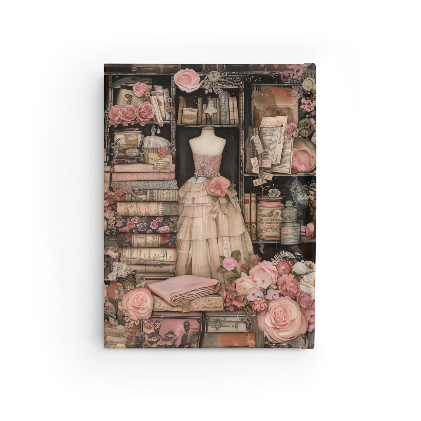 Vintage Victorian Couture Seamstress Shop adorned with Dresses and Floral Splendor - Hardcover Ruled Line Journal 5" x 7"