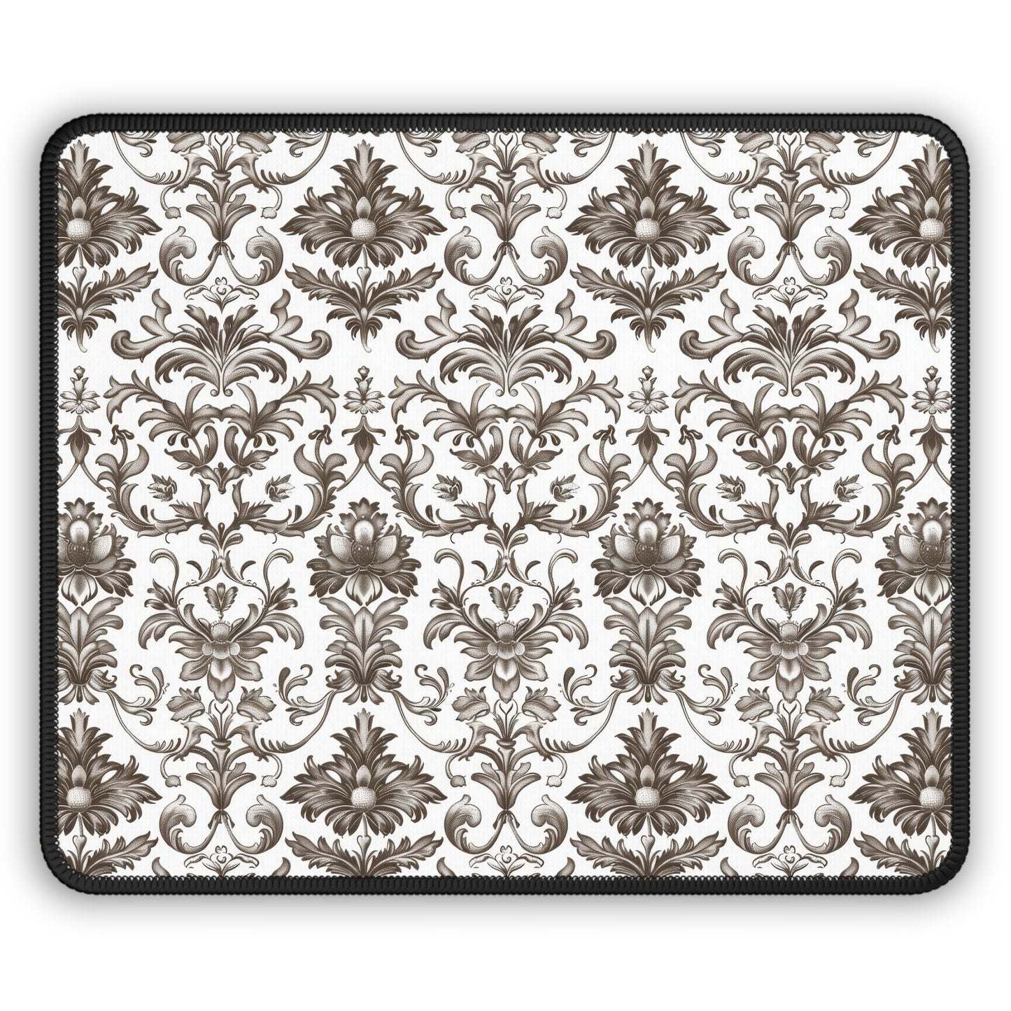 Timeless Rococo Elegance in Detailed Brown and White Floral Pattern Mouse Pad with Finished Edges