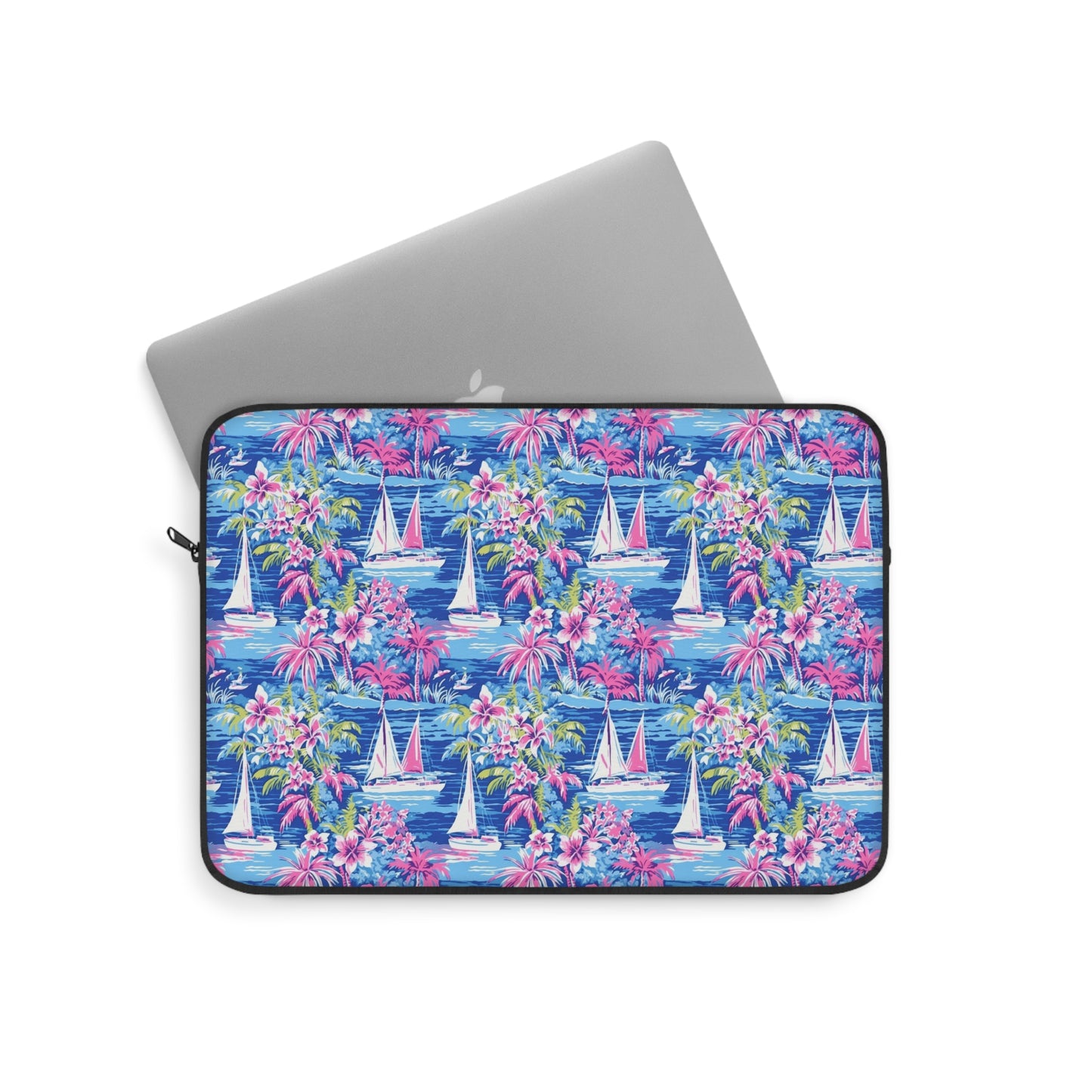 Sailing Tropics: Watercolor Sailboats Amidst Ocean Waves, Tropical Flowers, and Palm Trees Laptop or Ipad Protective Sleeve 3 Sizes Available