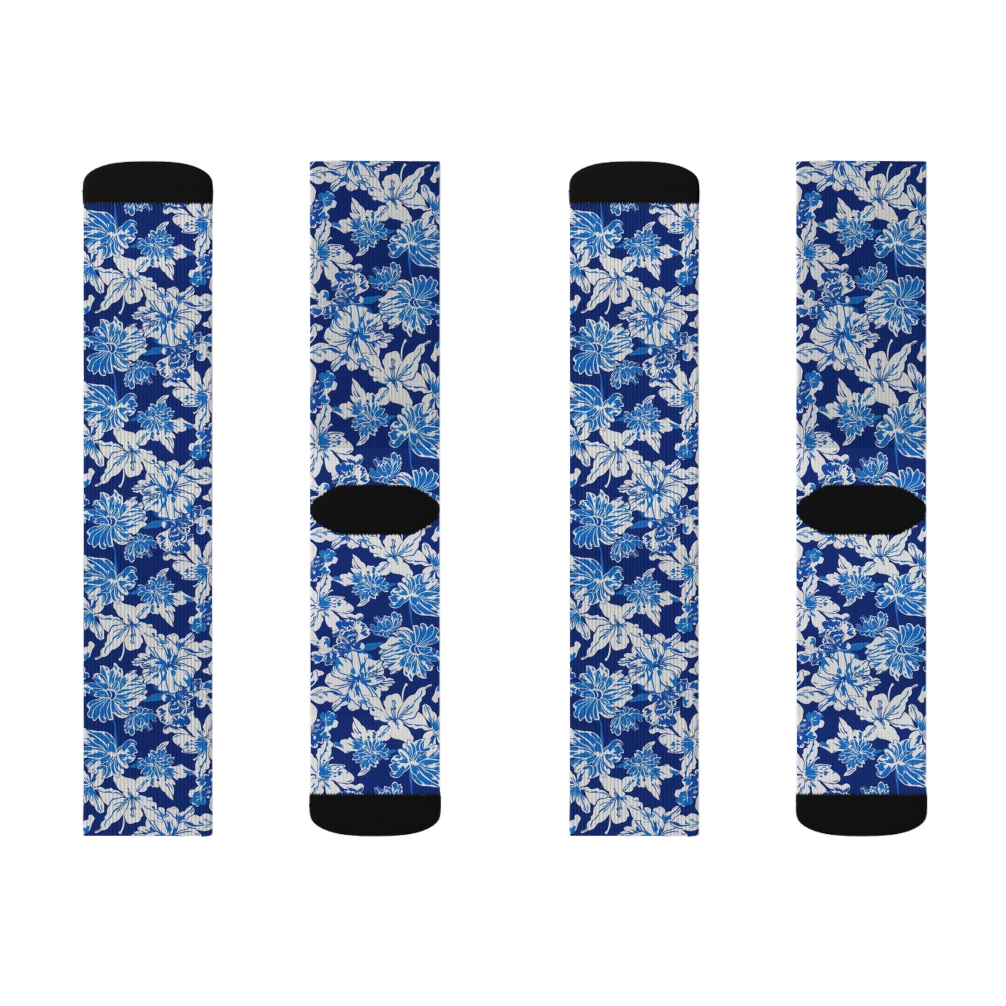 Oceanic Bloom: Watercolor Tropical Flowers in White and Blue against a Deep Blue Background Ribbed Crew Socks