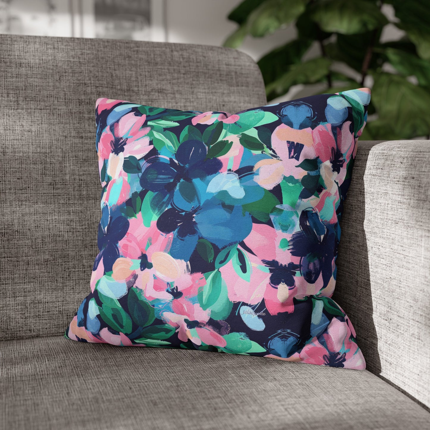 Tranquil Blooms: Muted Blue, Pink, and Green Watercolor Flowers Spun Polyester Square Pillowcase 4 Sizes