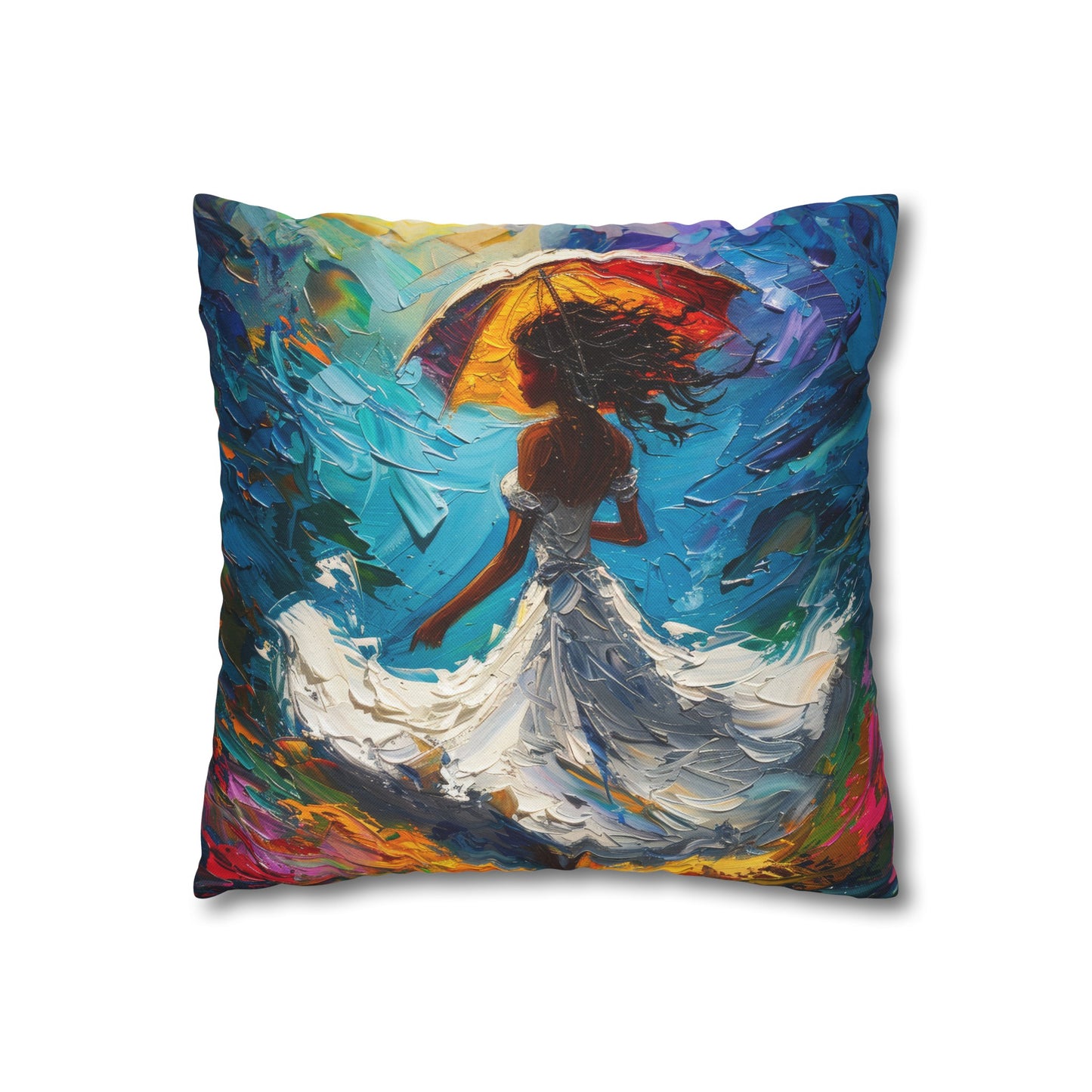 Dancing In The Rain and Sunshine Women in White Dress Swirling Floral Field of Flowers Spun Polyester Square Pillowcase 4 Sizes