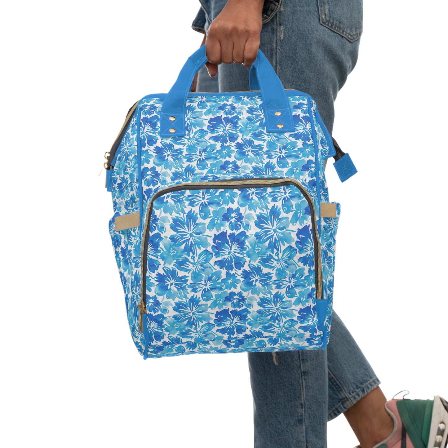 Tranquil Tropics: Soft Blue Tropical Flowers Multifunctional Diaper Backpack