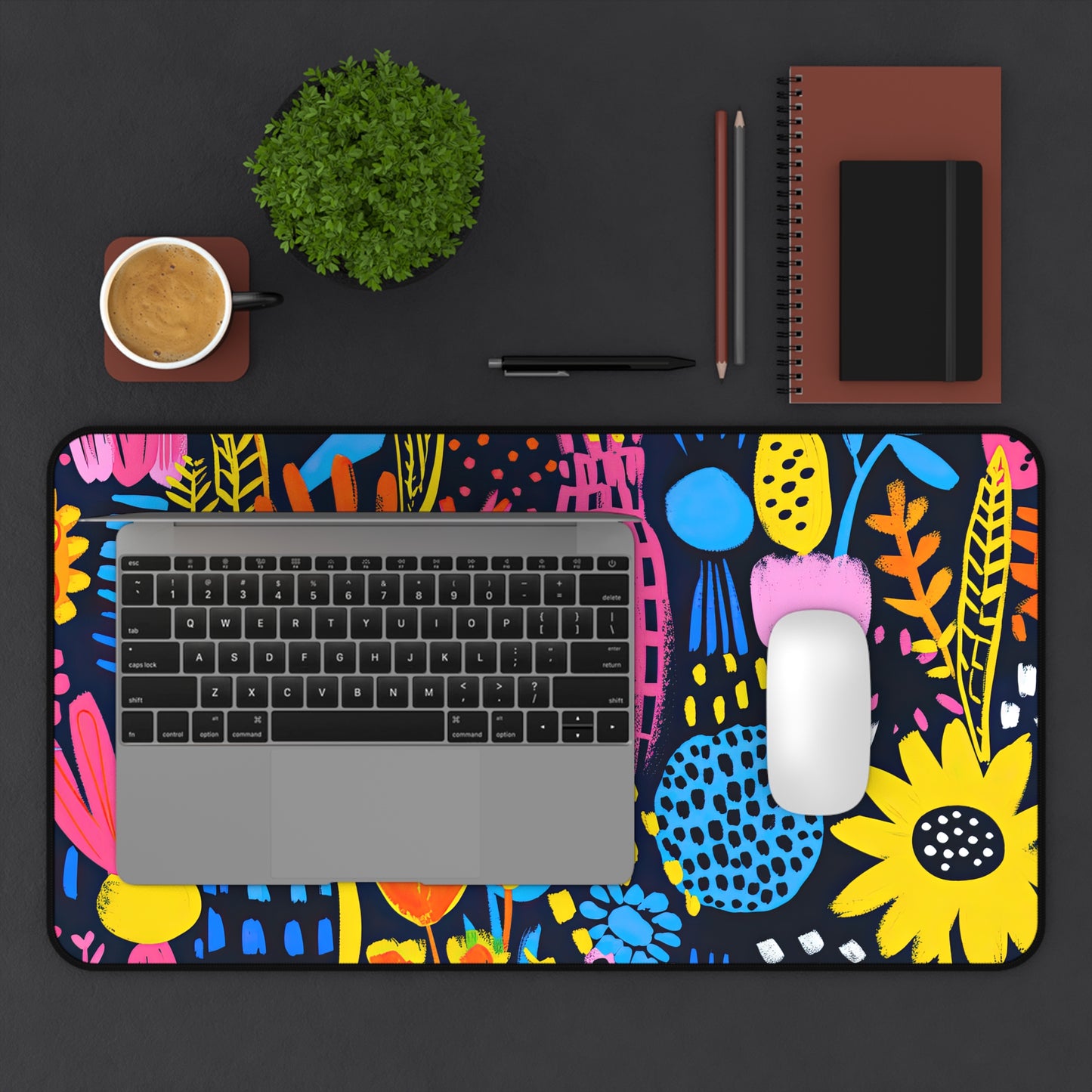 Abstract Floral Delight: Pink, Blue, and Yellow Blossoms Desk Mat Extended Gaming Mouse Pad - 3 Sizes