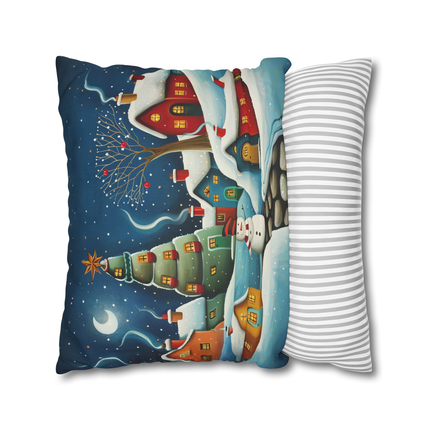 Starry Snowman Serenade: Village under a Starry Night Sky Spun Polyester Square Pillowcase 4 Sizes