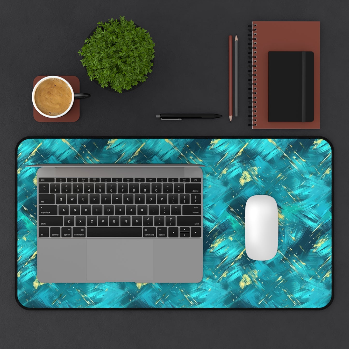 Vibrant Teal and Gold Abstract Brushstroke Pattern Extended Gaming Mouse Pad  Desk Mat  - 3 Sizes