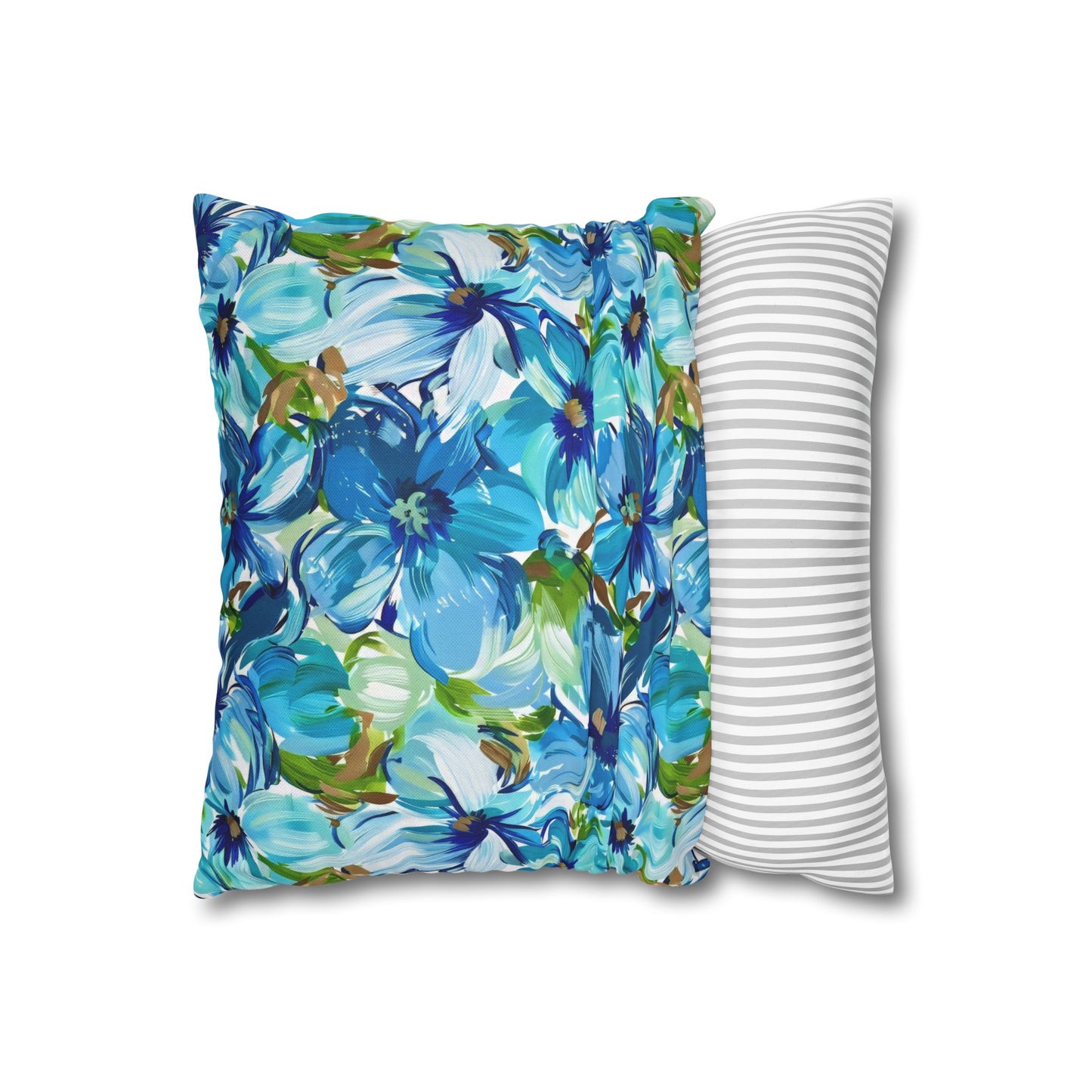 Large Blue Watercolor Flowers with Gentle Accents of Brown and Green Spun Polyester Square Pillowcase 4 Sizes