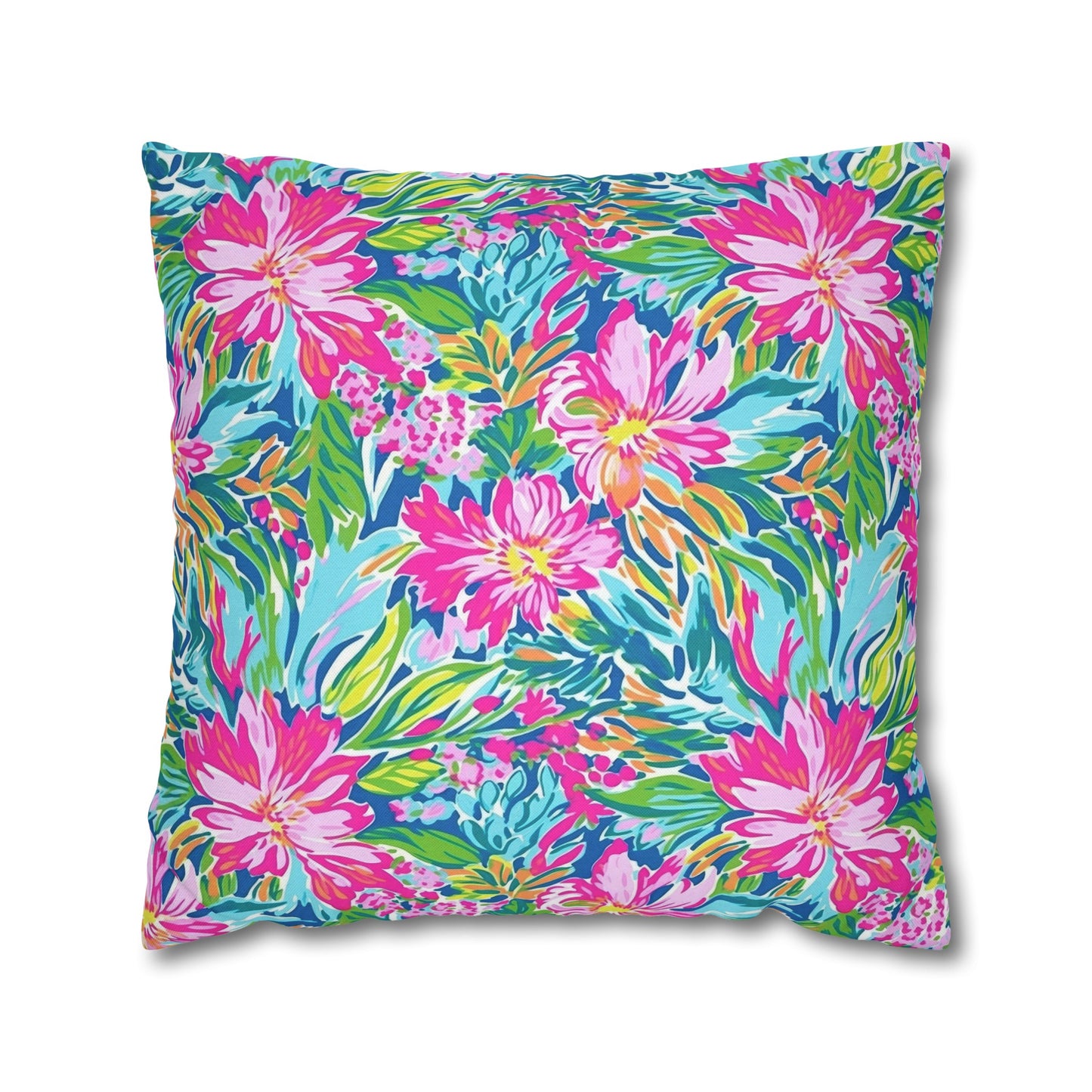 Sunlit Symphony: Large Blooms of Pink, Blue, and Green in Watercolor Spun Polyester Square Pillowcase 4 Sizes