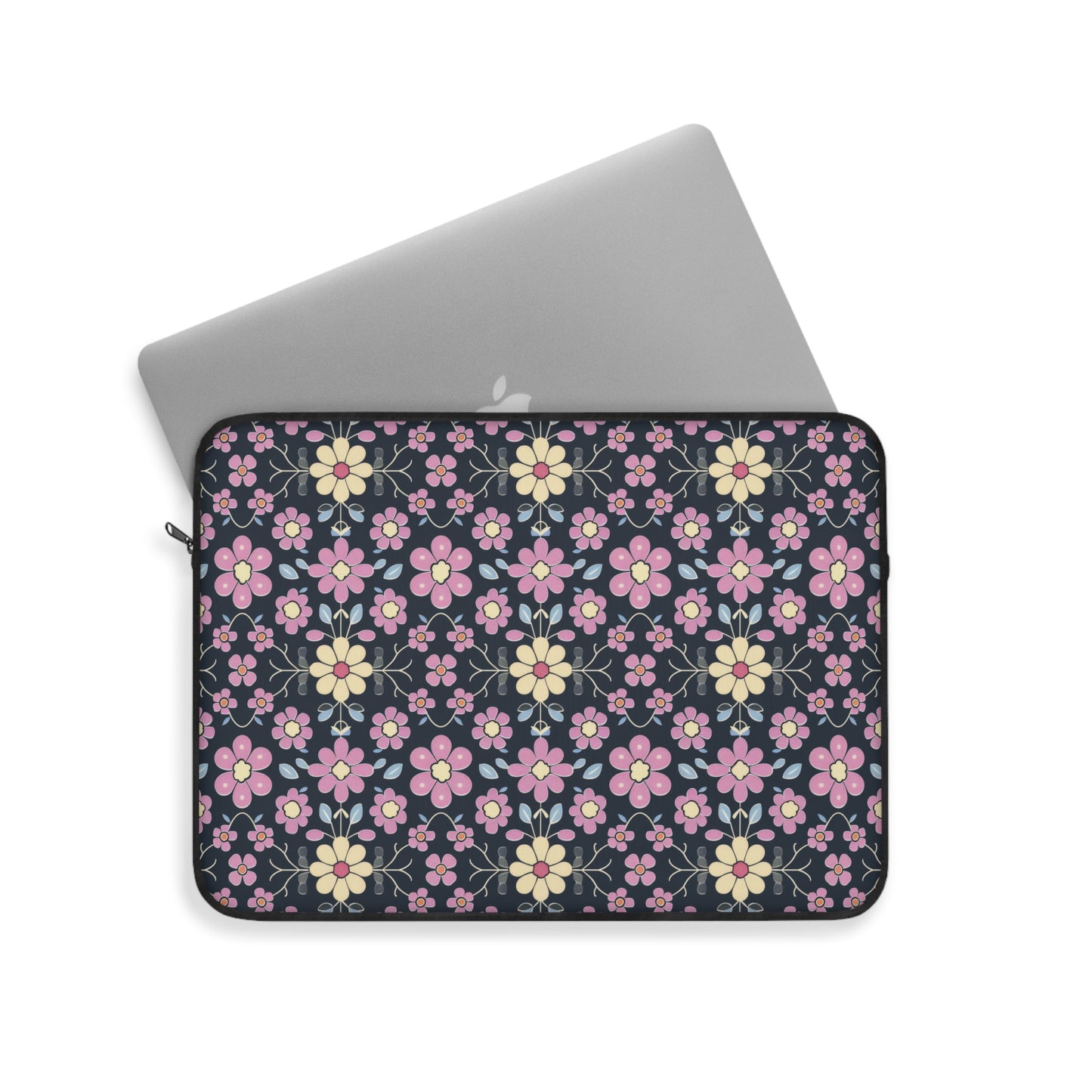 Charming Pastel Pink and Yellow Flowers on Navy Blue Background Laptop or Ipad Protective Sleeve 3 Sizes Available