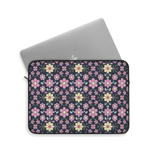 Charming Pastel Pink and Yellow Flowers on Navy Blue Background Laptop or Ipad Protective Sleeve 3 Sizes Available