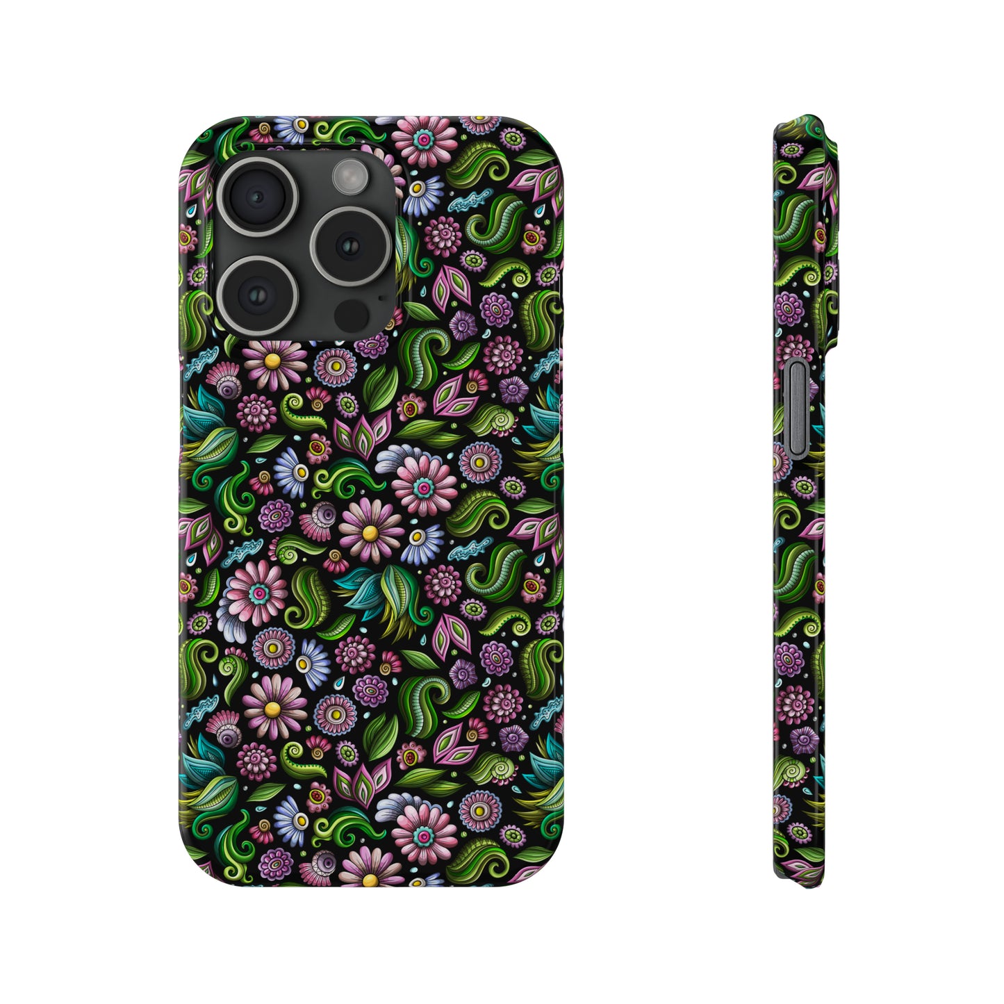 Purple & Pink Daisy Floral Print on Black Background Iphone 15-12 Slim Phone Case