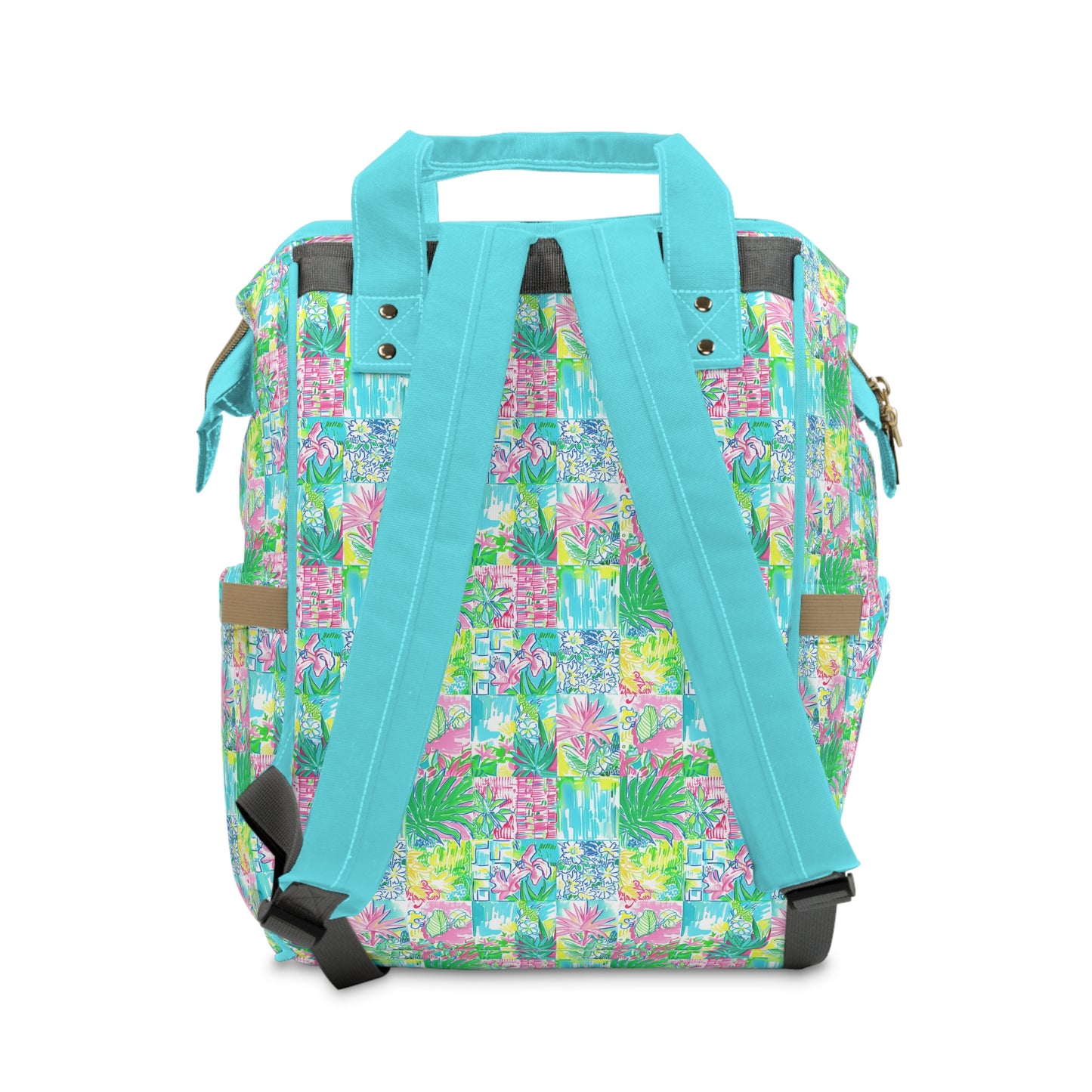 Whimsical Palm Trees and Flowers in Vibrant Pink, Teal, and Green Collage Multifunctional Diaper Backpack