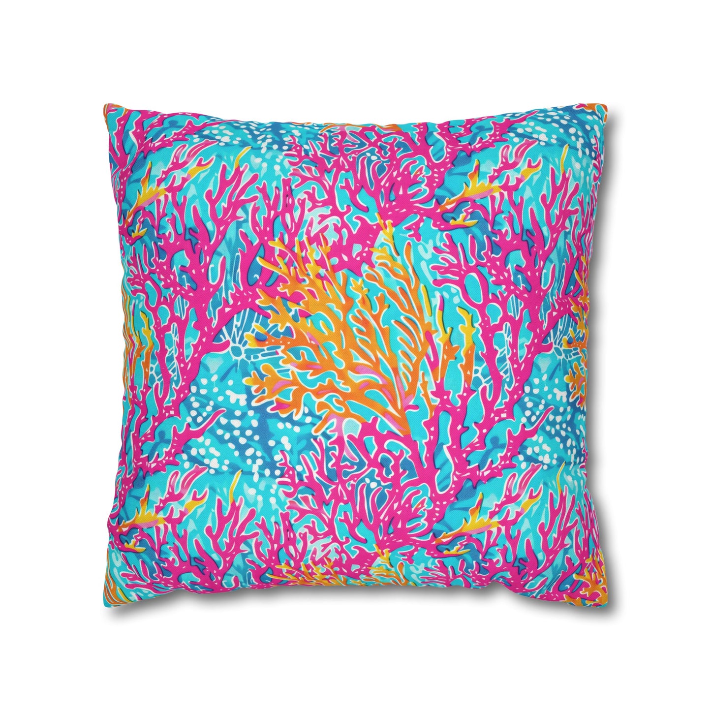 Coral Symphony: Bright Pink, Yellow, and Coral Dancing in the Blue Ocean Spun Polyester Square Pillowcase 4 Sizes