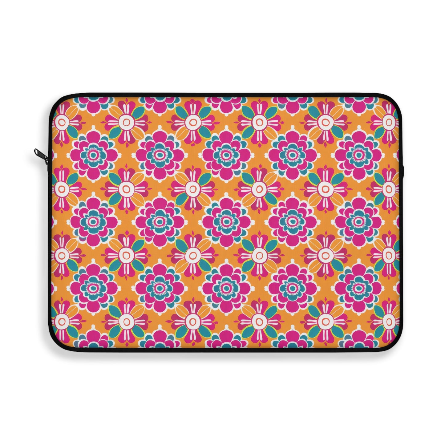 Array of Stylized Floral Motifs in Vivid Pink, Teal, and White Set Against a Warm Orange Backdrop Laptop or Ipad Protective Sleeve 3 Sizes Available