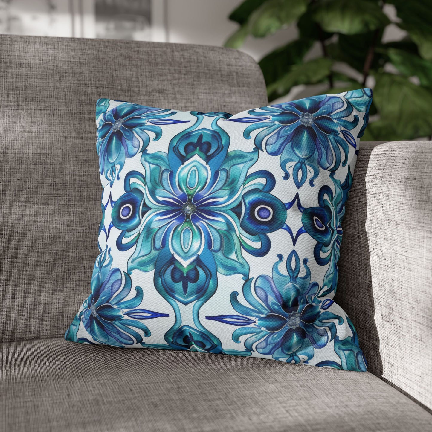 Blossom Symphony of Blue Teal Intricate Floral Pattern Spun Polyester Square Pillowcase 4 Sizes