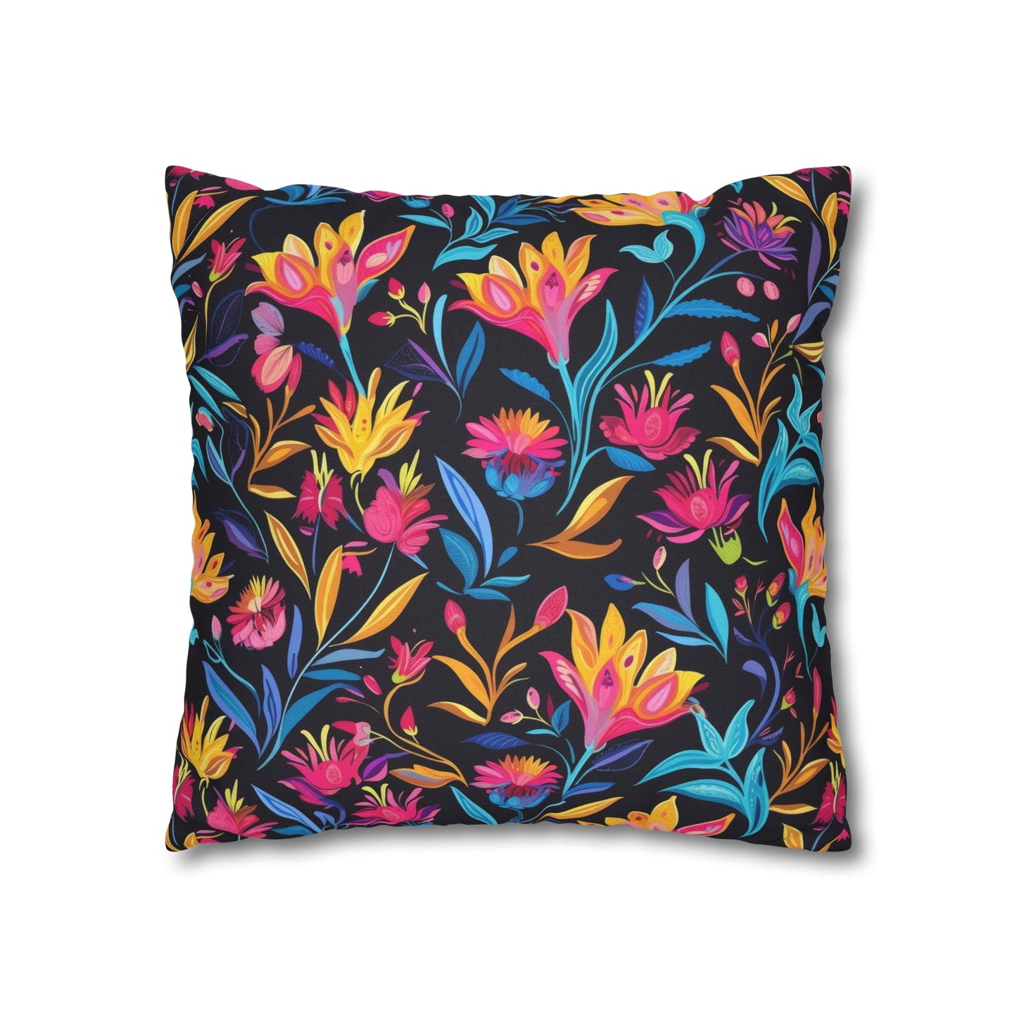 Vibrant Floral Fantasy in Midnight Garden Design Spun Polyester Square Pillowcase 4 Sizes