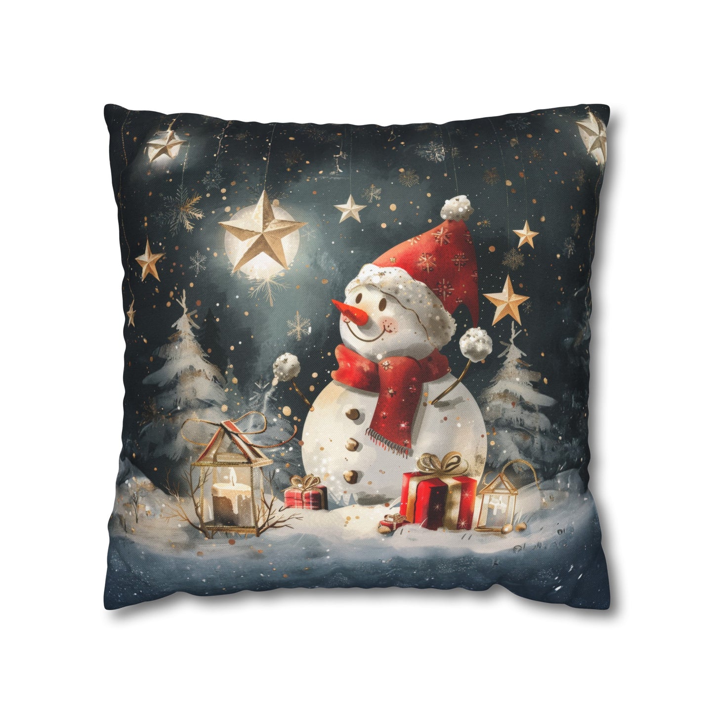 Moonlit Frost: Snowman Basking in Moonlight Surrounded by Presents Spun Polyester Square Pillowcase 4 Sizes