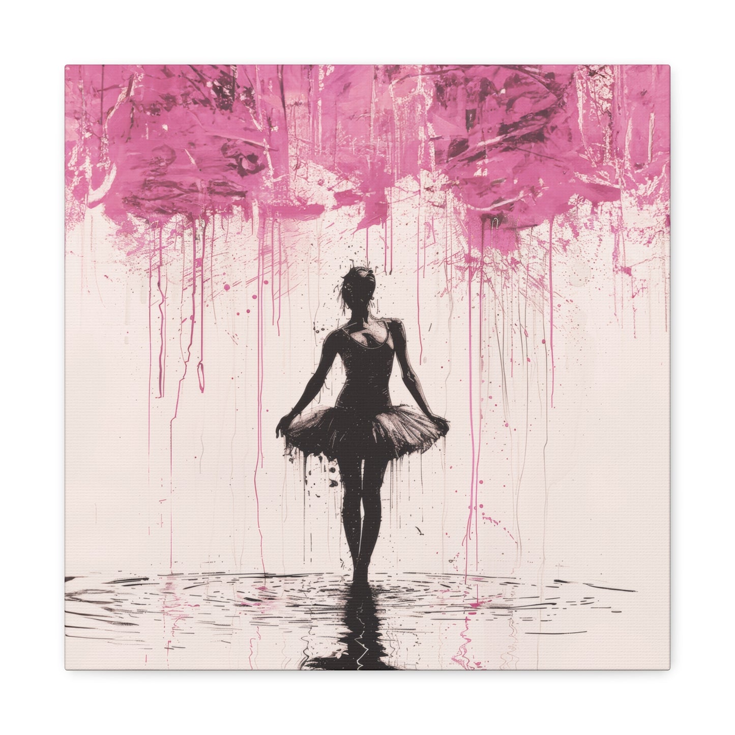 Dreamlike Reverie: Ballerina Dancing Amidst Pink Clouds and Gentle Rain Print on Canvas Gallery - 13 Sizes