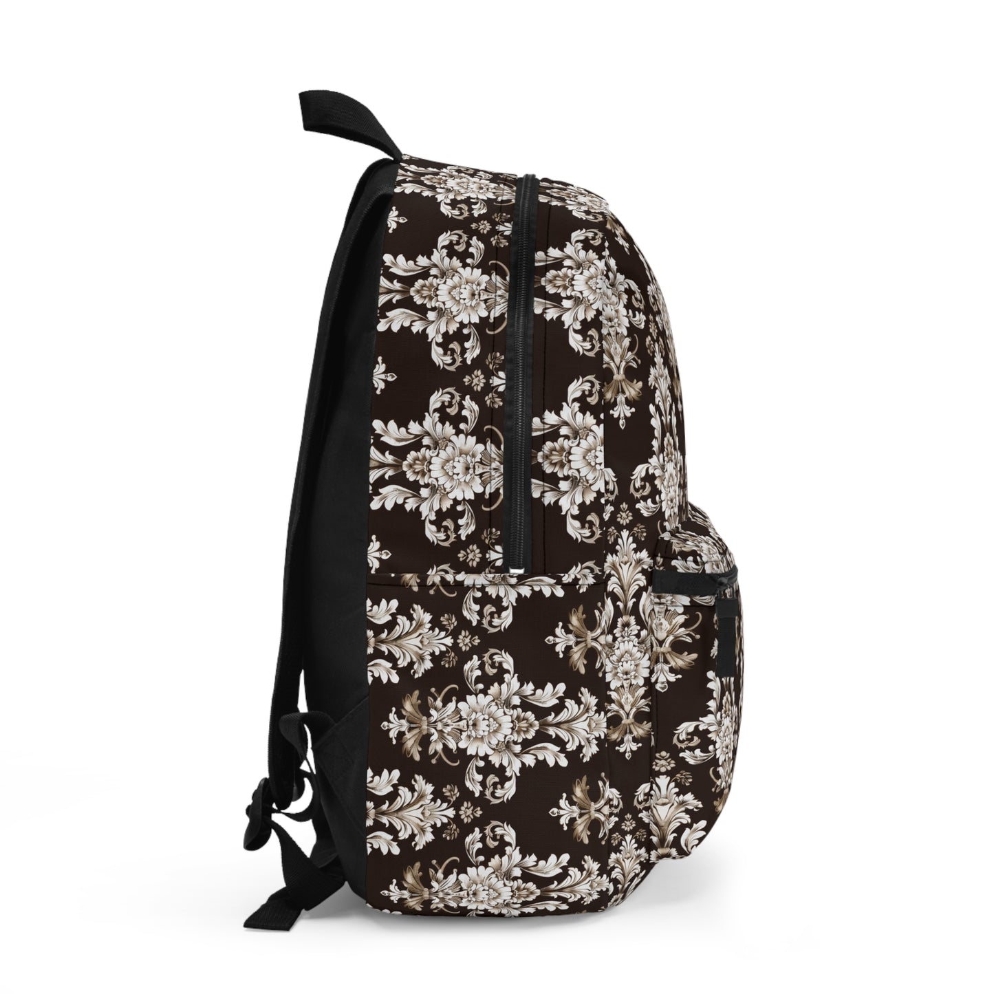 Elegant Rococo Pattern of Intricate Brown and White Floral Scroll Design Lightweight Stylish Durable Backpack (Made in USA)