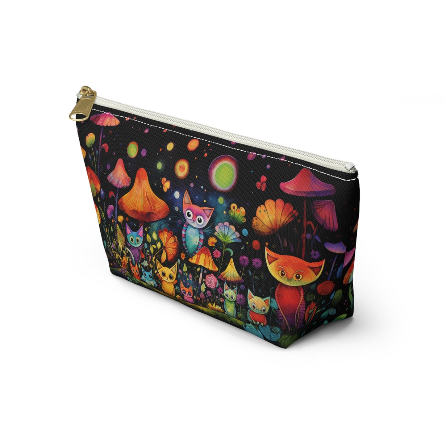 Mystical Cats Amidst a Garden of Flowers and Mushrooms, Beneath a Starry Sky - Makeup & Accessory Bag 2 Sizes