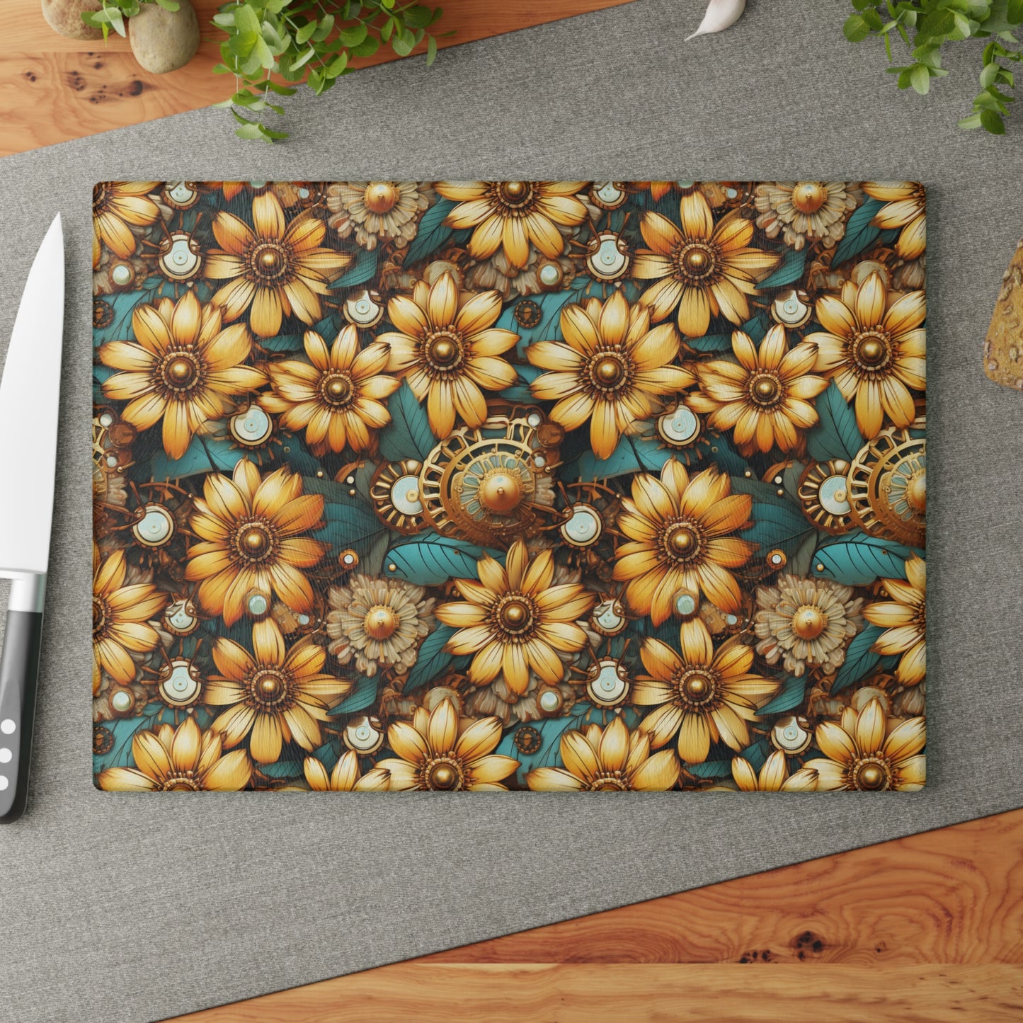 Victorian Steampunk Gold Flowers Teal Background with Gears and Mechanical Elements - Glass Cutting Board  8" x 11" and 11" x 15"