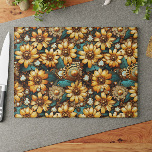 Victorian Steampunk Gold Flowers Teal Background with Gears and Mechanical Elements - Glass Cutting Board  8" x 11" and 11" x 15"