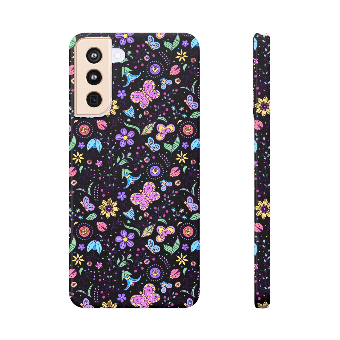 Butterflies and Flowers on Black Background Samsung Slim Cases