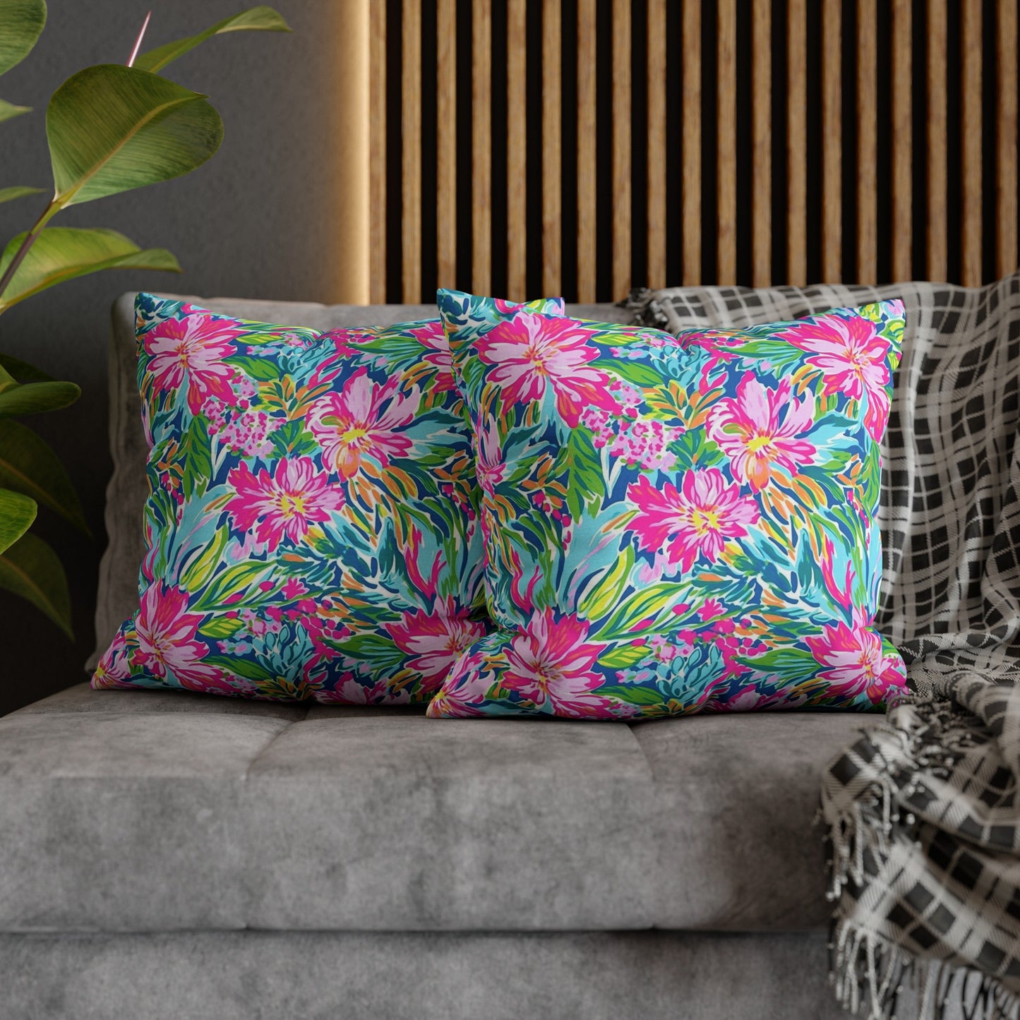 Sunlit Symphony: Large Blooms of Pink, Blue, and Green in Watercolor Spun Polyester Square Pillowcase 4 Sizes