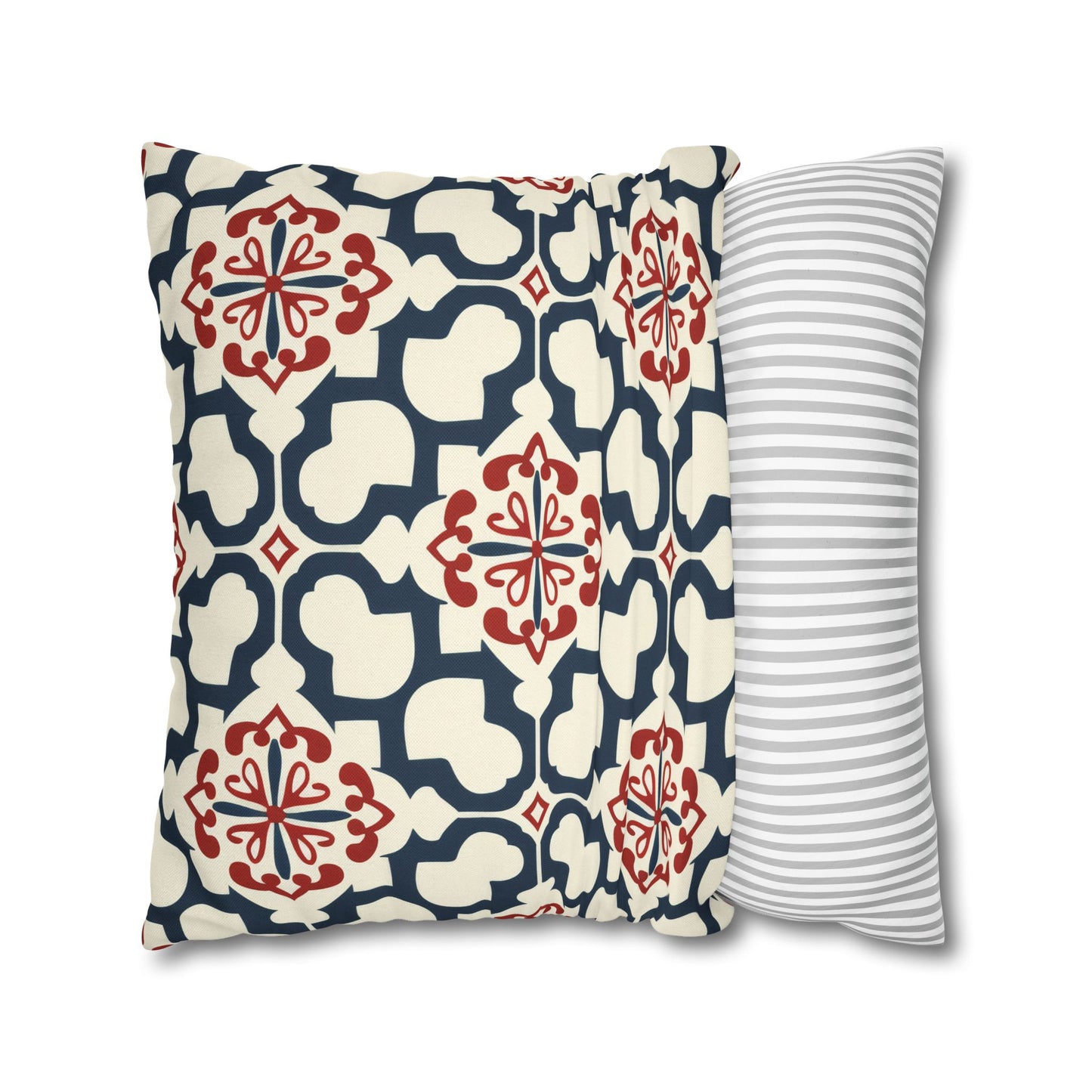 Traditional Korean Elegance in Bold Red and Navy Geometric Tile Pattern Spun Polyester Square Pillowcase 4 Sizes