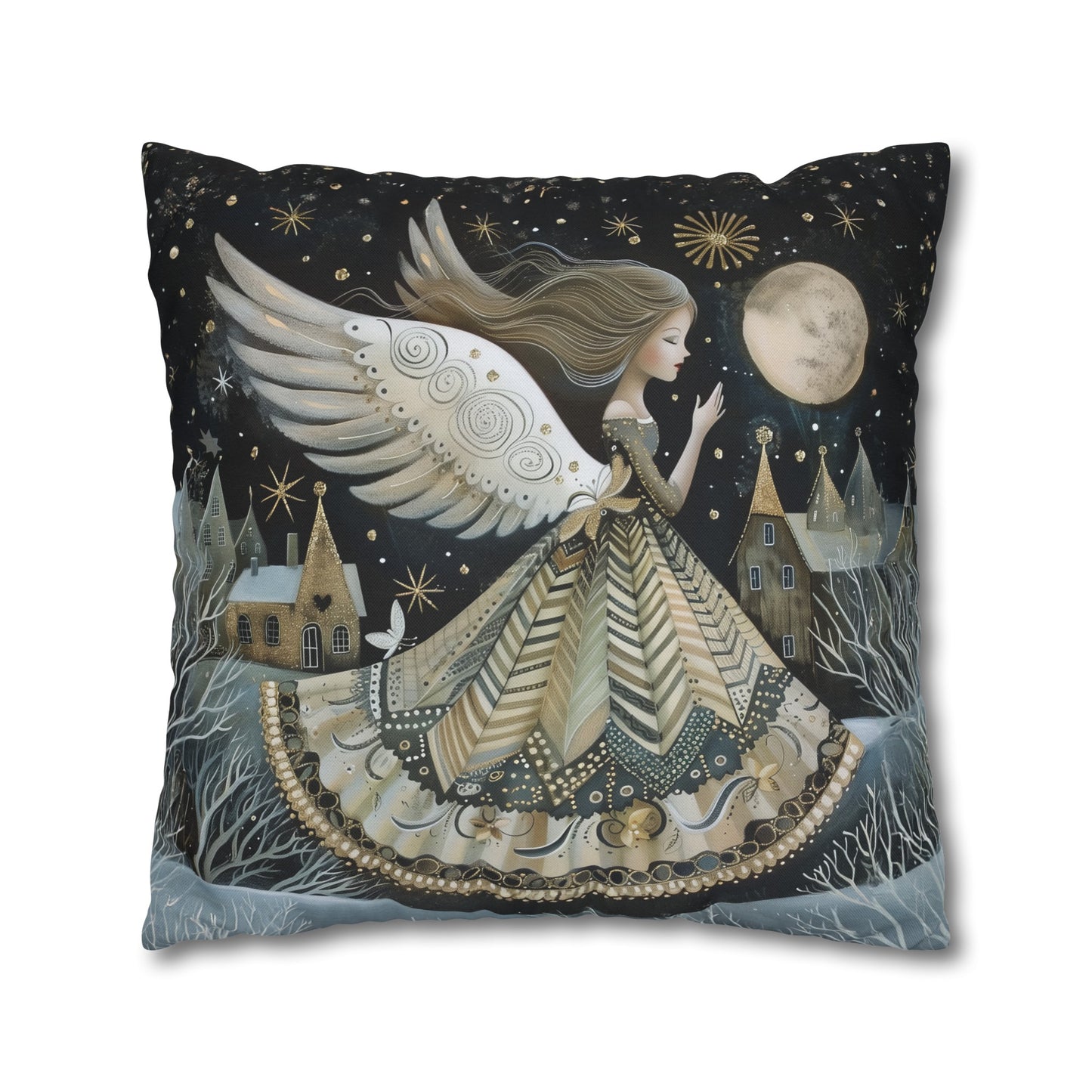 Frosty Angelic Glow: Angel Illuminated by Moonlight on a Snowy Night Spun Polyester Square Pillowcase 4 Sizes