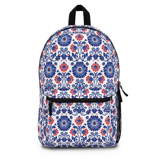 Charming Folk Blooms in Classic Polish Pottery Inspired Floral Pattern in Blue and Red Lightweight Stylish Durable Backpack (Made in USA)