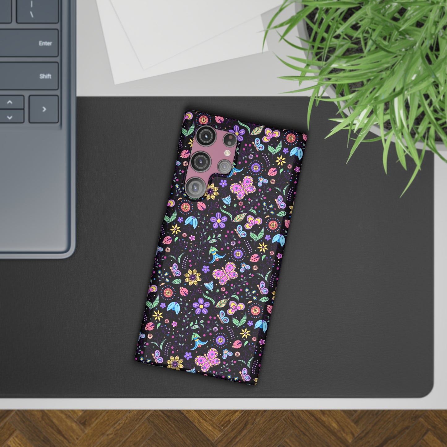 Butterflies and Flowers on Black Background Samsung Slim Cases