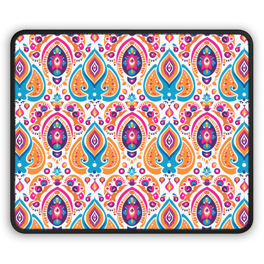 Bohemian Rhapsody Exquisite & Colorful Boho Pattern of Bold Hues of Blue, Pink, and Orange Gaming Mouse Pad with Finished Edges