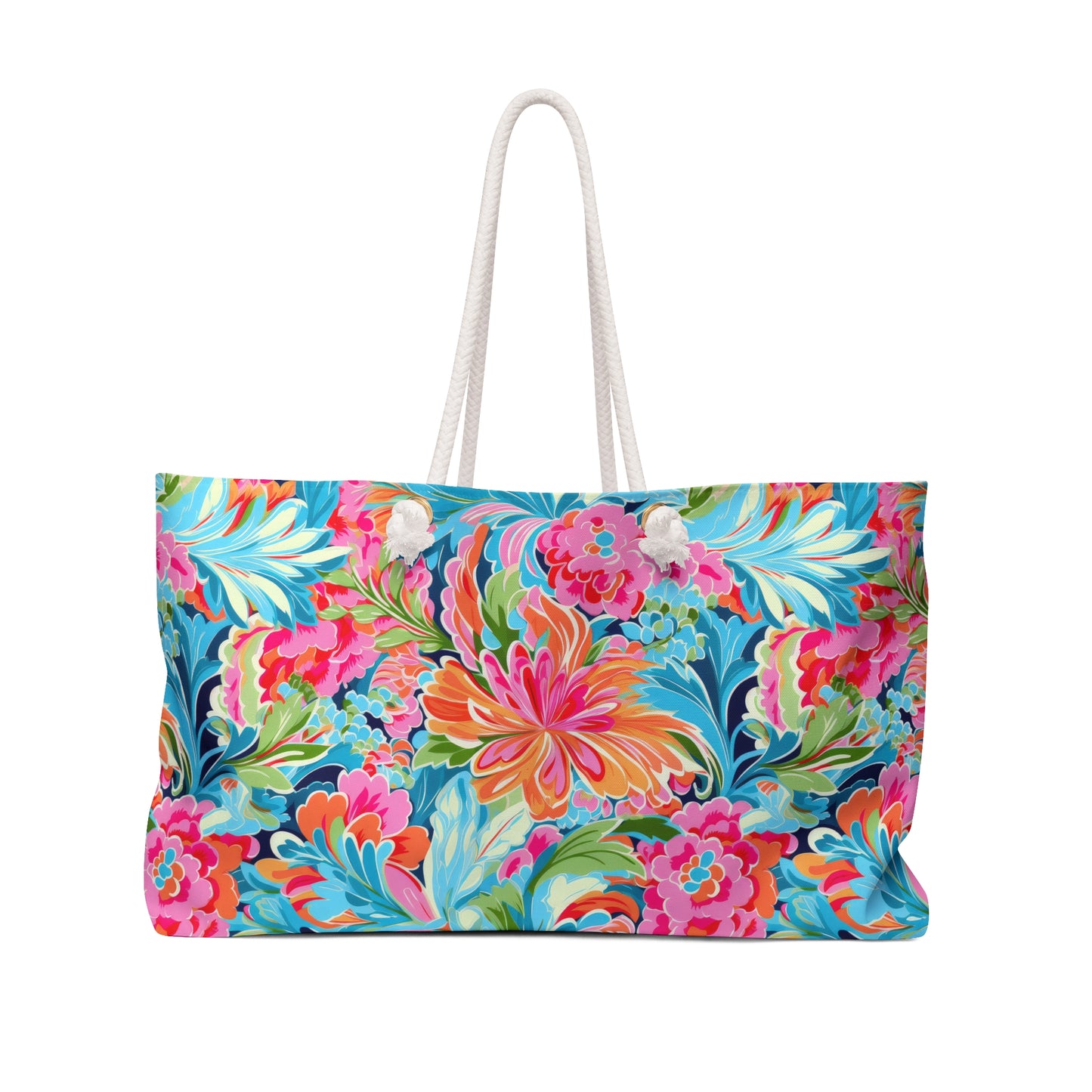 Tropical Radiance: Bursting Summer Blooms in Teal, Orange, and Pink Oversized Weekender Bag