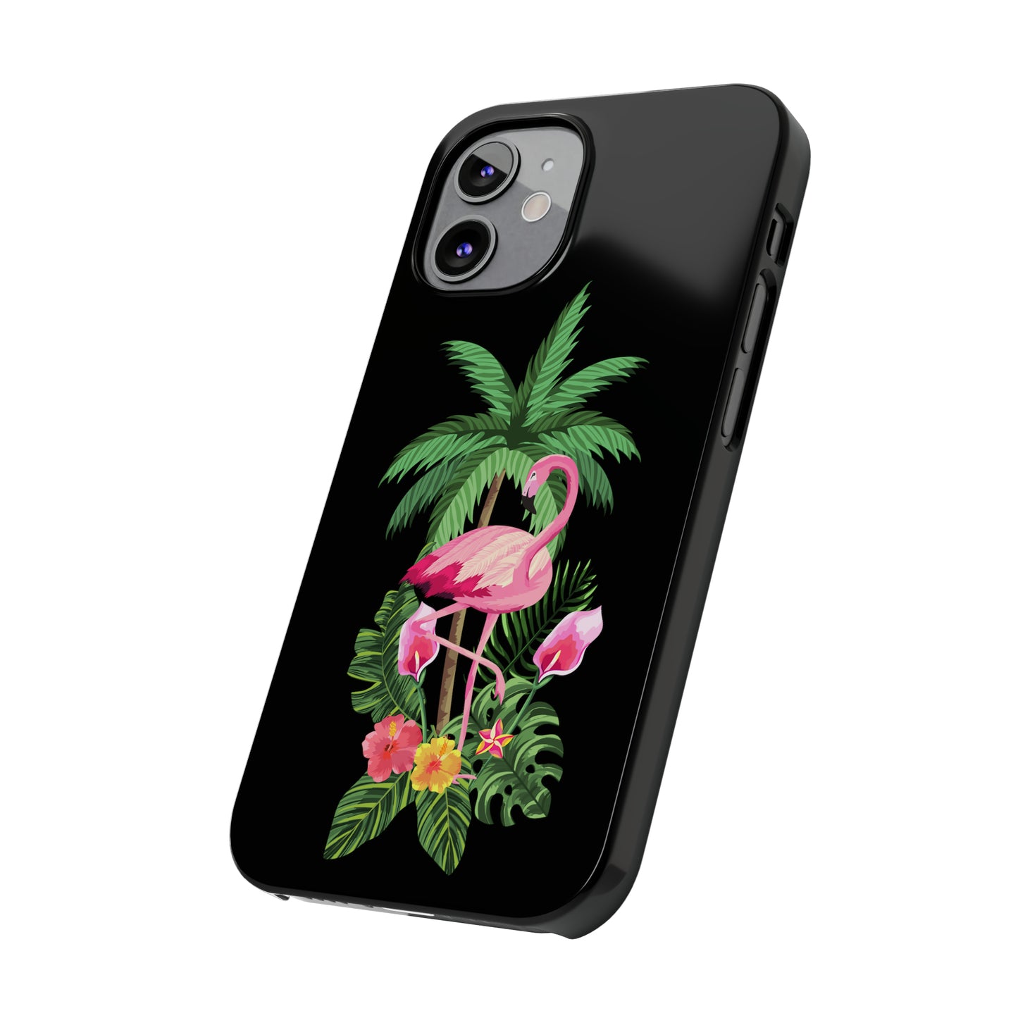 Tropical Pink Flamingo and Flowers Black Background Iphone 15-12 Slim Phone Case