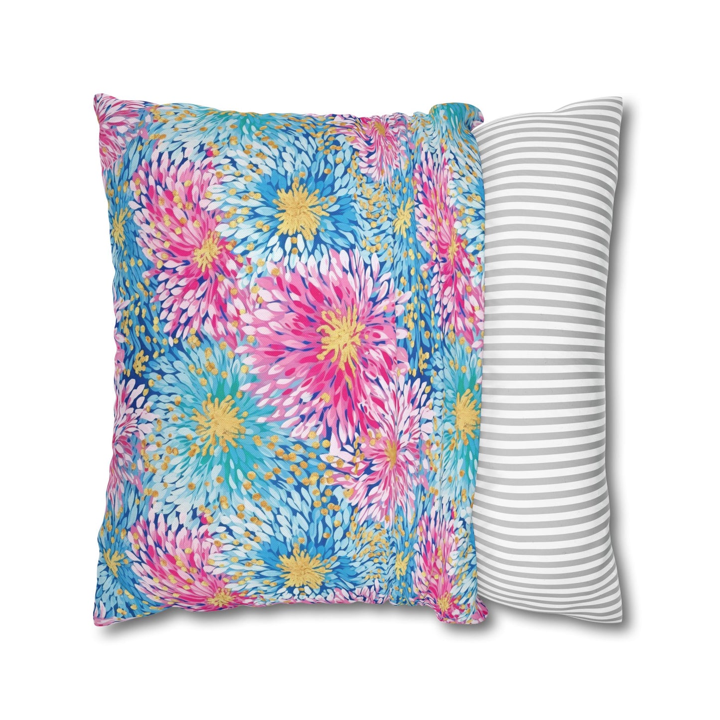 Pastel Harmony: Watercolor Chrysanthemums in Pink, Blue, and Yellow Spun Polyester Square Pillowcase 4 Sizes