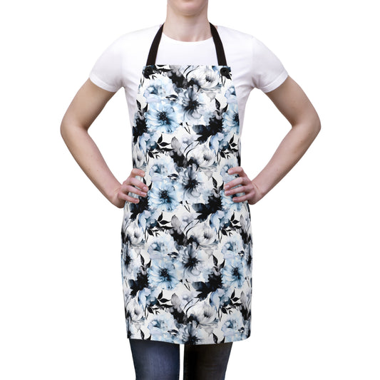 Tranquil Bloom: Watercolor Blue and Grey Large Floral Design - Kitchen Chef Apron