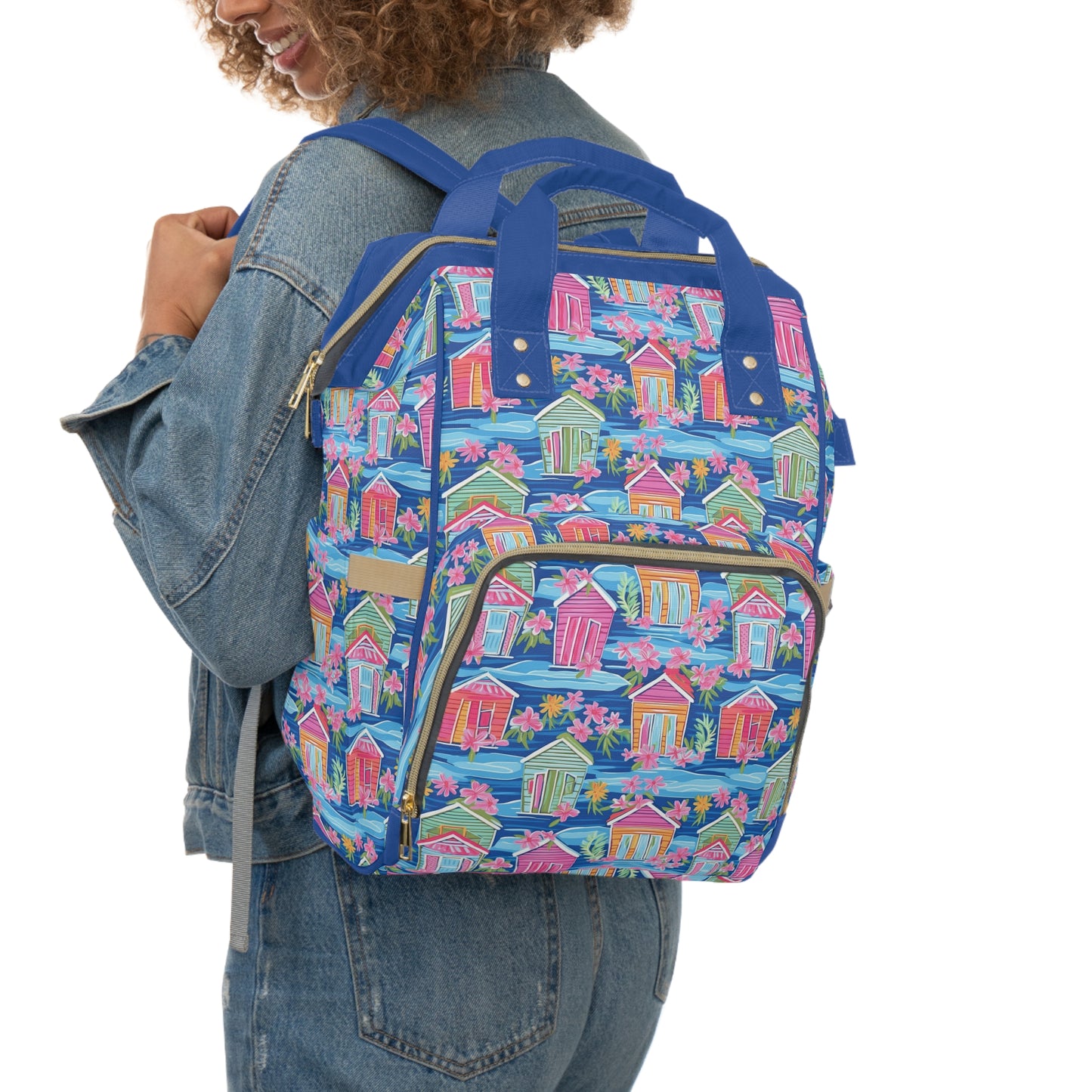 Seaside Serenade: Watercolor Beach Houses Amidst Blooming Florals Multifunctional Diaper Backpack