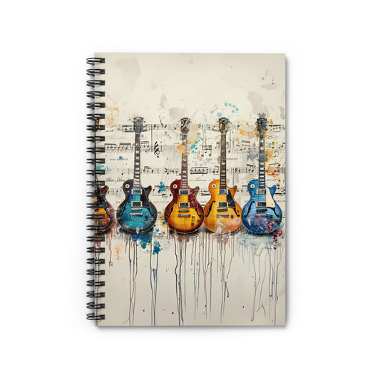 Harmonious Diversity: Array of Electric Guitars in Multicolors Resting on Sheet Music  - Spiral Notebook Ruled Line 6"x8"