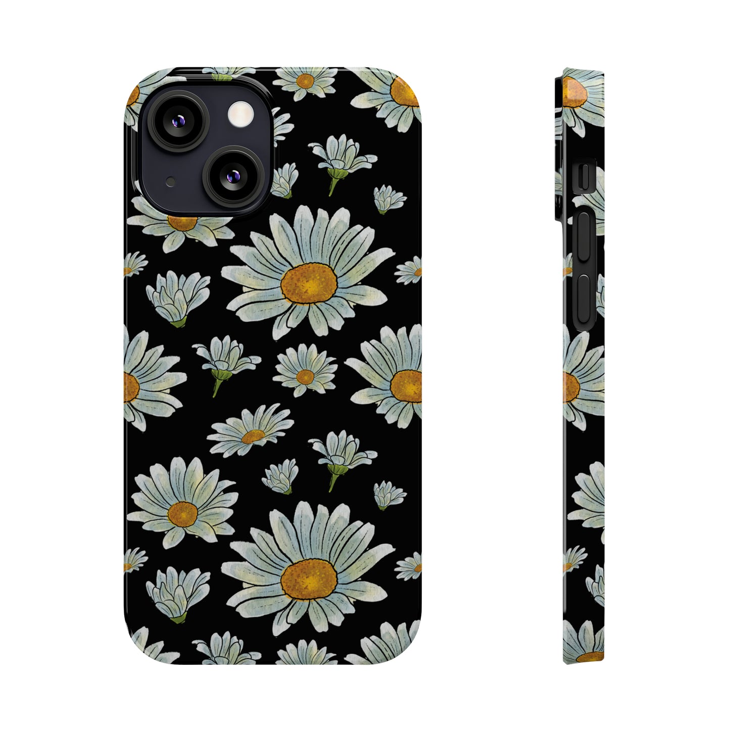 Large Watercolor Summer Daisies Blooming Against a Bold Black Background Iphone 15-12 Slim Phone Case